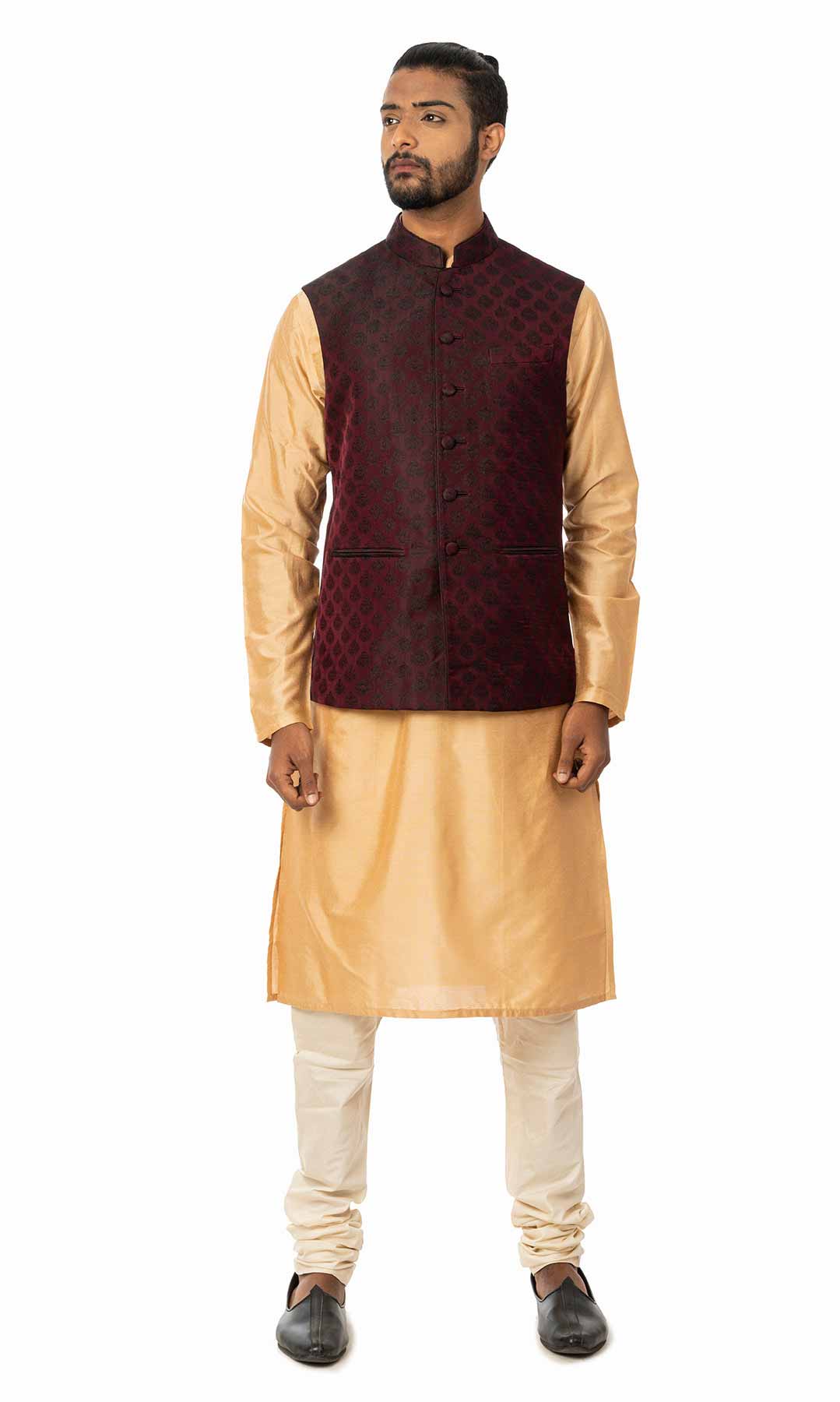 Coral Cotton Silk Kurta Set With Maroon Jacquard Nehru Jacket – Viraaya By Ushnakmals