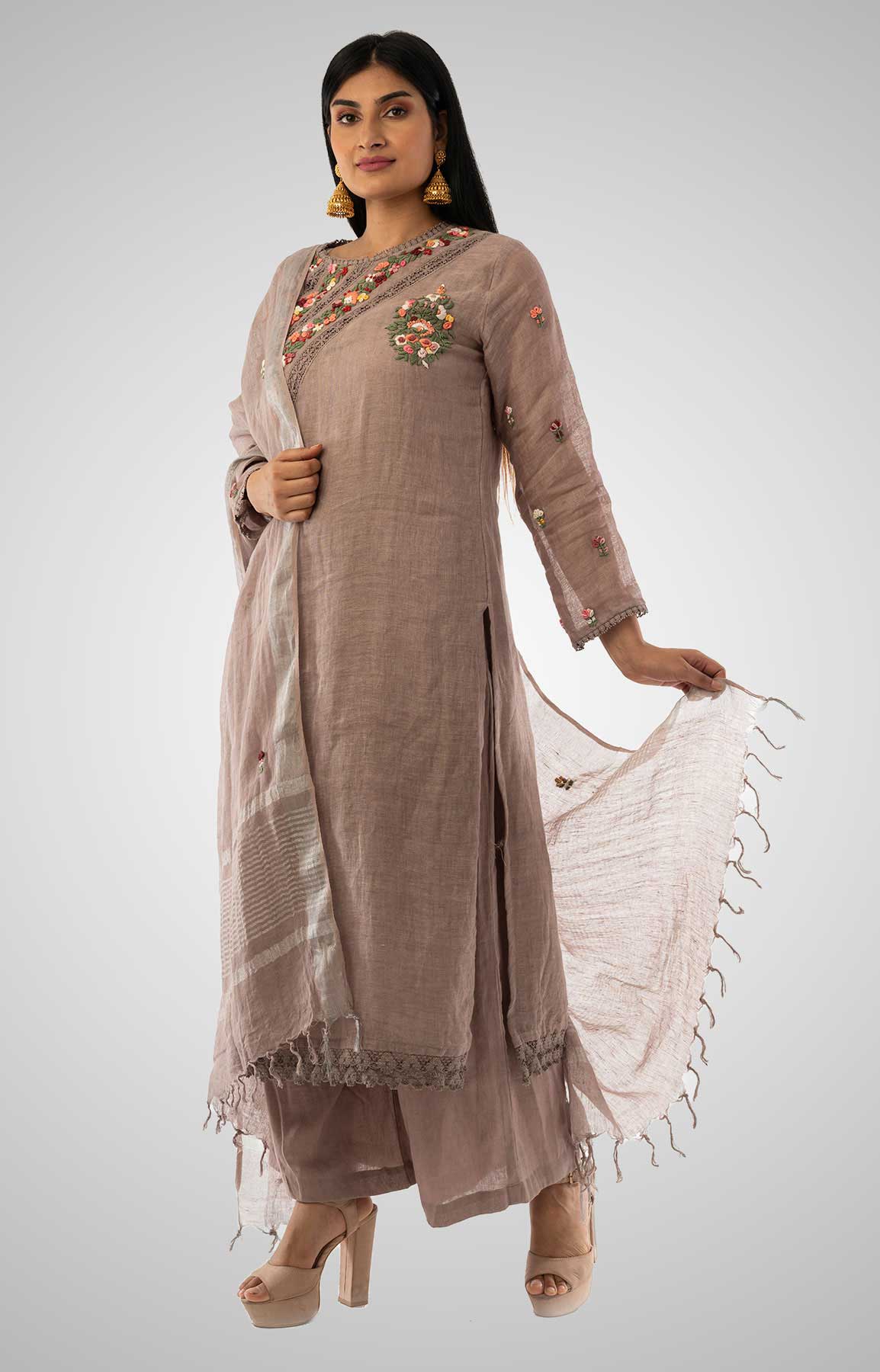 Sand Beige Linen Suit With Handloom Linen Duppatta Adorned With Resham Work – Viraaya By Ushnakmals