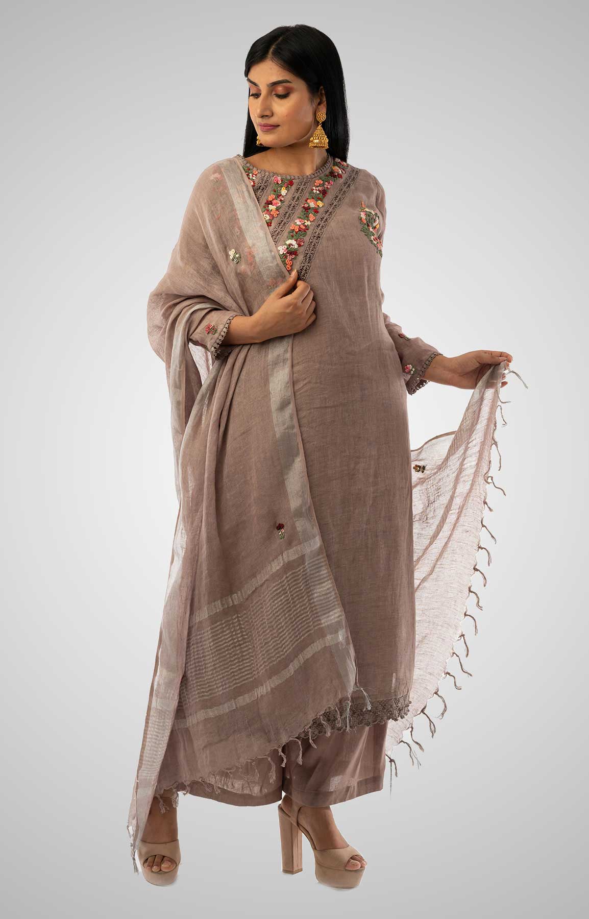 Sand Beige Linen Suit With Handloom Linen Duppatta Adorned With Resham Work – Viraaya By Ushnakmals