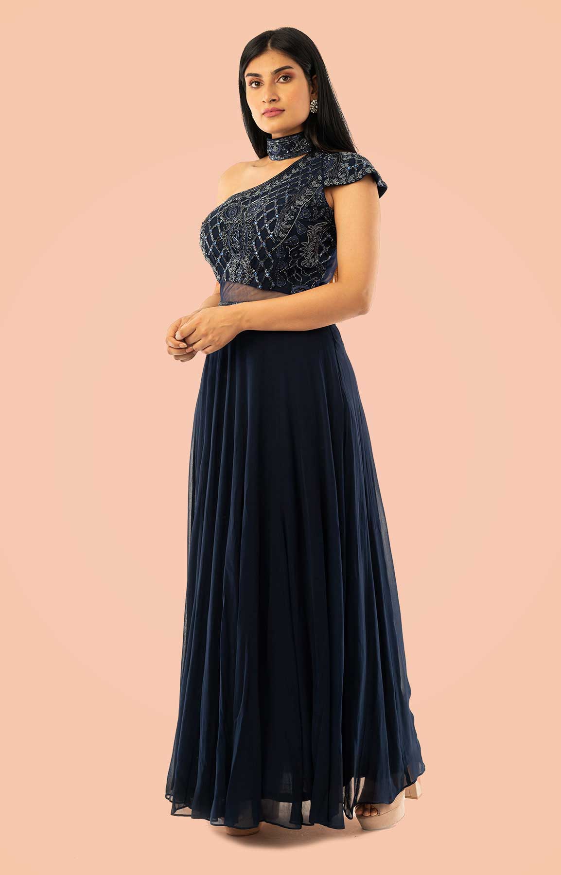 Navy Blue Anarkali Suit In Georgette Single Shoulder – Viraaya By Ushnakmals