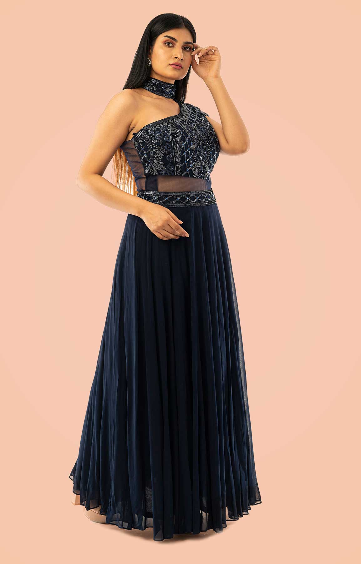 Navy Blue Anarkali Suit In Georgette Single Shoulder – Viraaya By Ushnakmals
