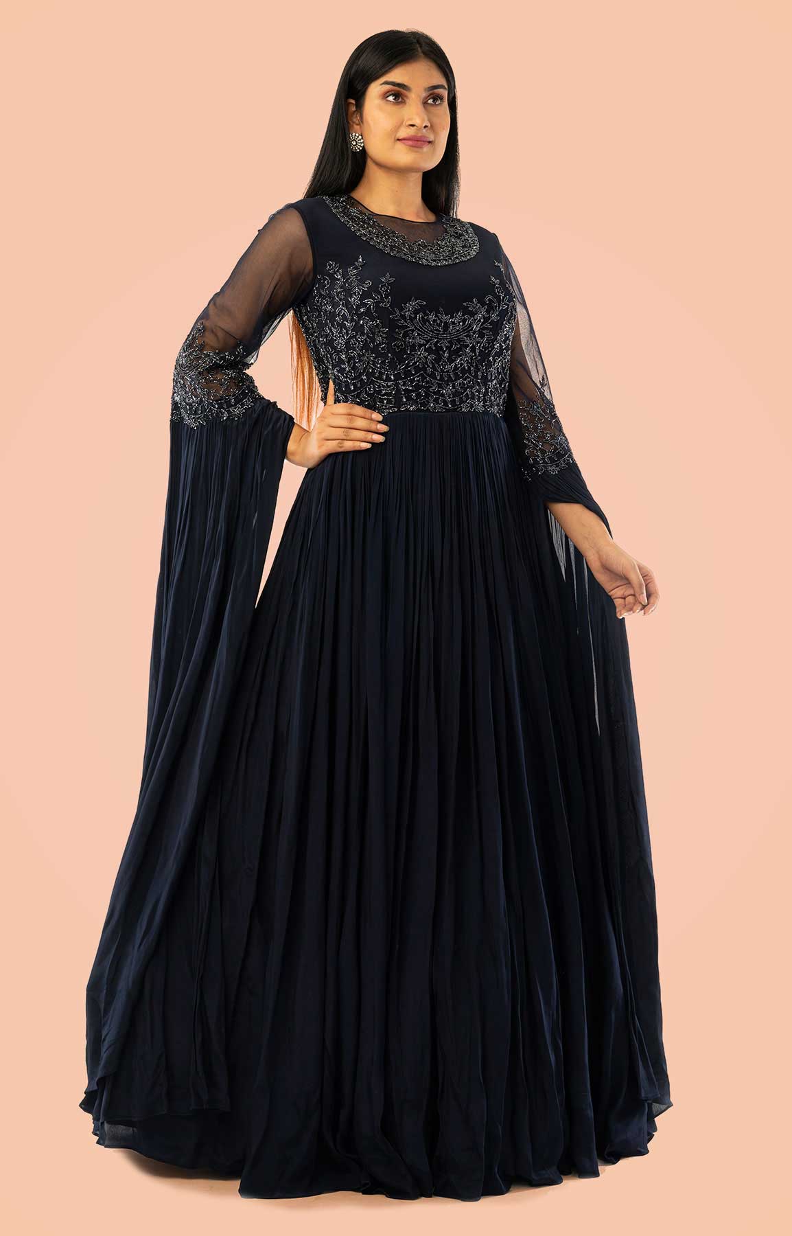 Navy Blue Crepe Gown With Cape Style Sleeve And Embroidered Bodice – Viraaya By Ushnakmals