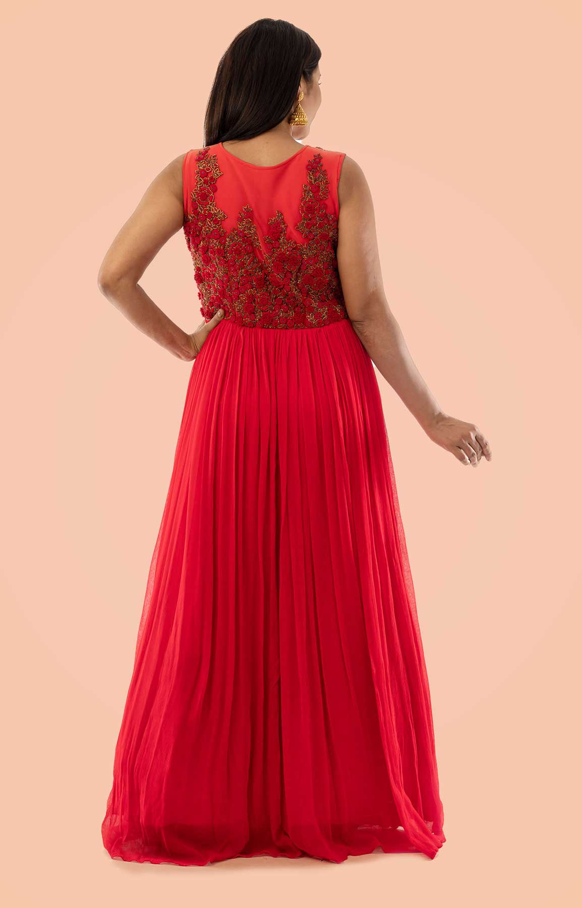 Red Chiffon Anarkali Suit Adorned With Thread And Moti Work – Viraaya By Ushnakmals