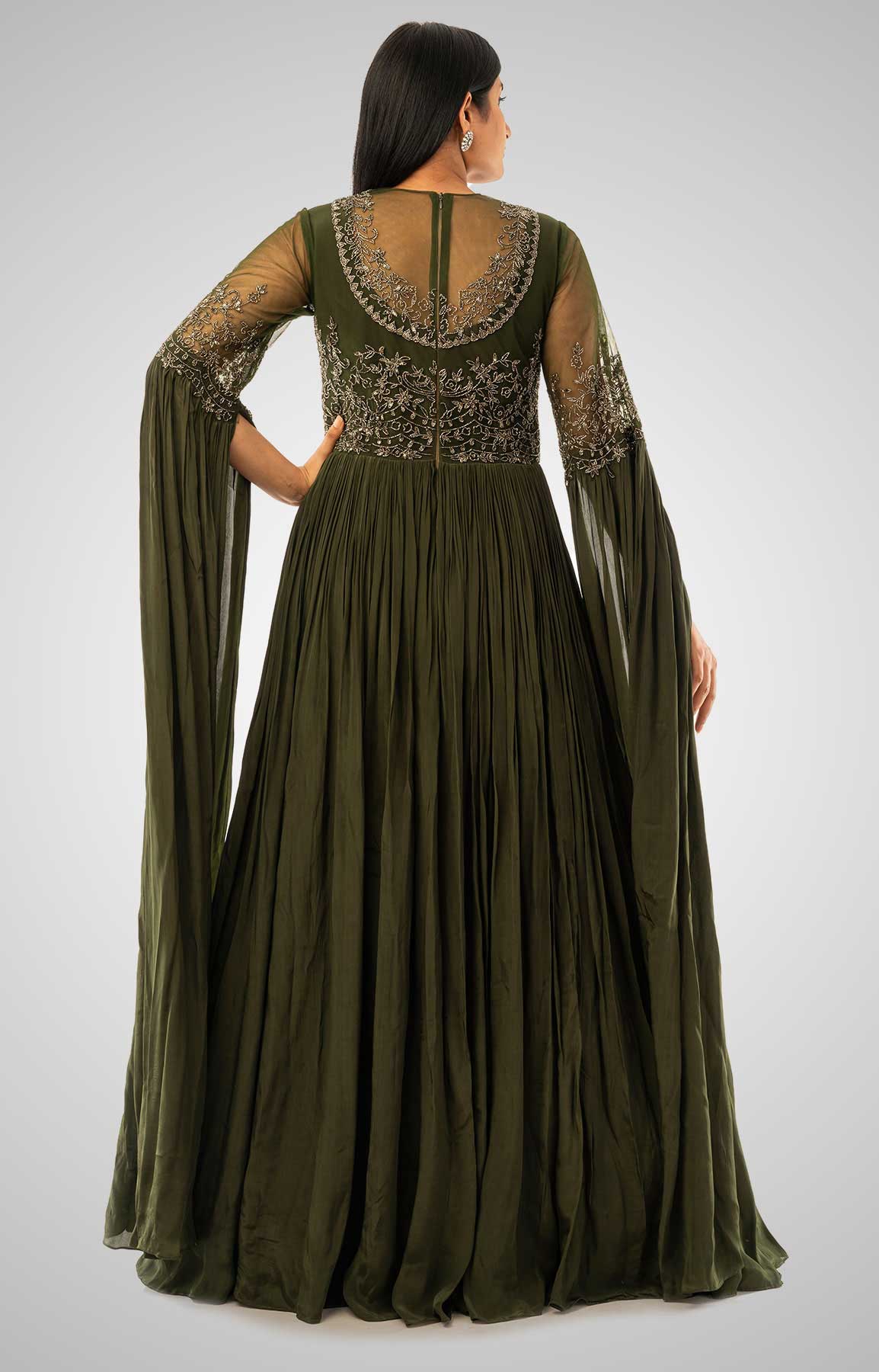 Olive Green Crepe Gown With Cape Style Sleeve And Embroidered Bodice – Viraaya By Ushnakmals