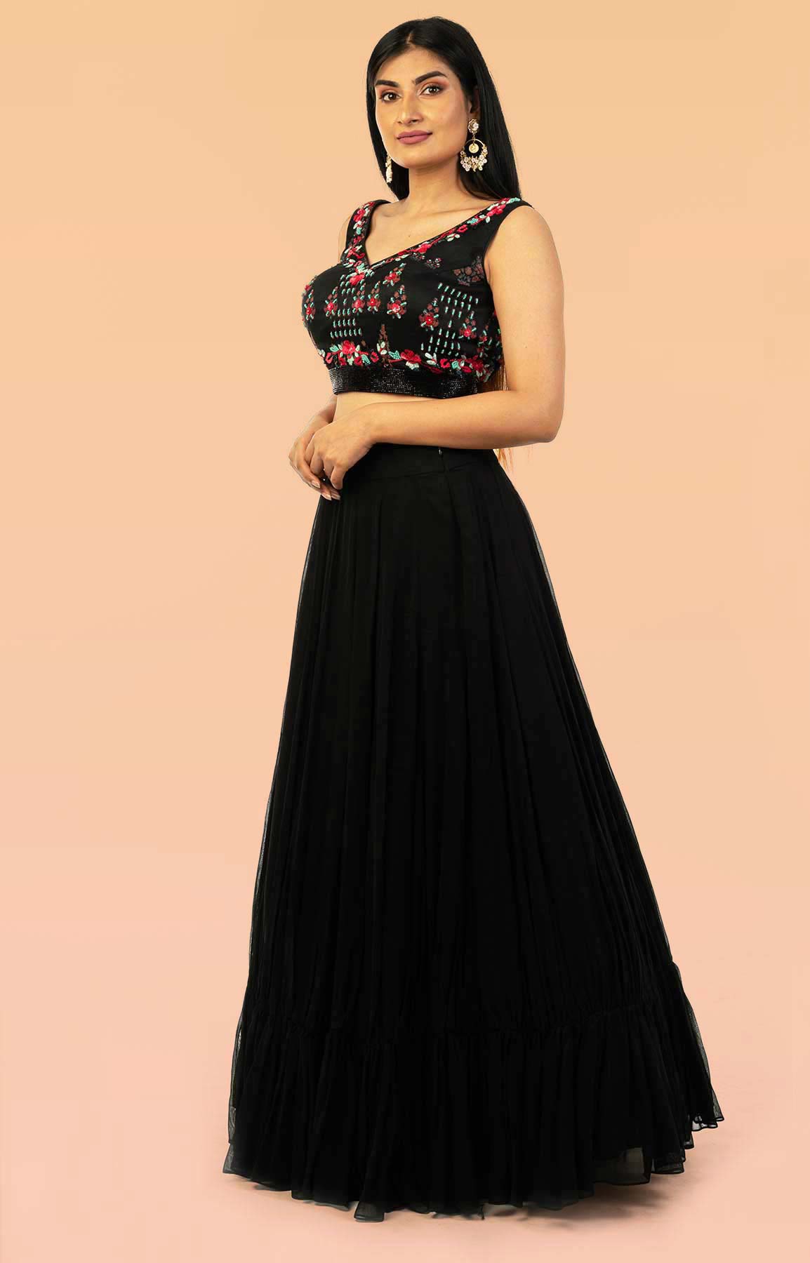 Black Georgette Lehenga With Organza Floral Print And Bead Work Blouse – Viraaya By Ushnakmals
