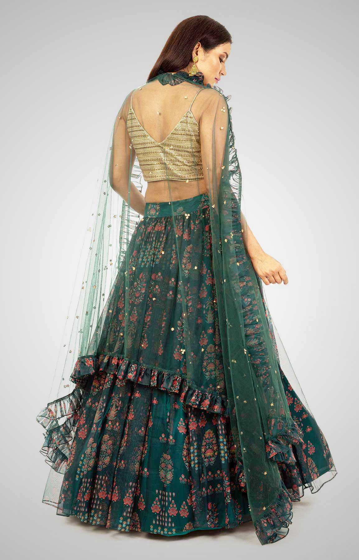 Bottle Green Floral Print Skirt With Sequin Top And Frilled Dupatta – Viraaya By Ushnakmals
