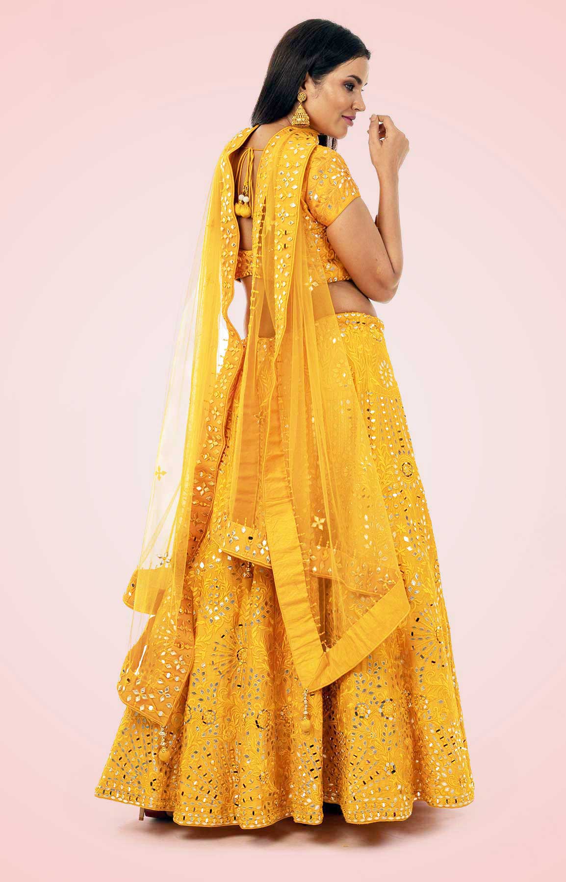 Golden Yellow Lehenga Choli With Leather And Mirror Work – Viraaya By Ushnakmals