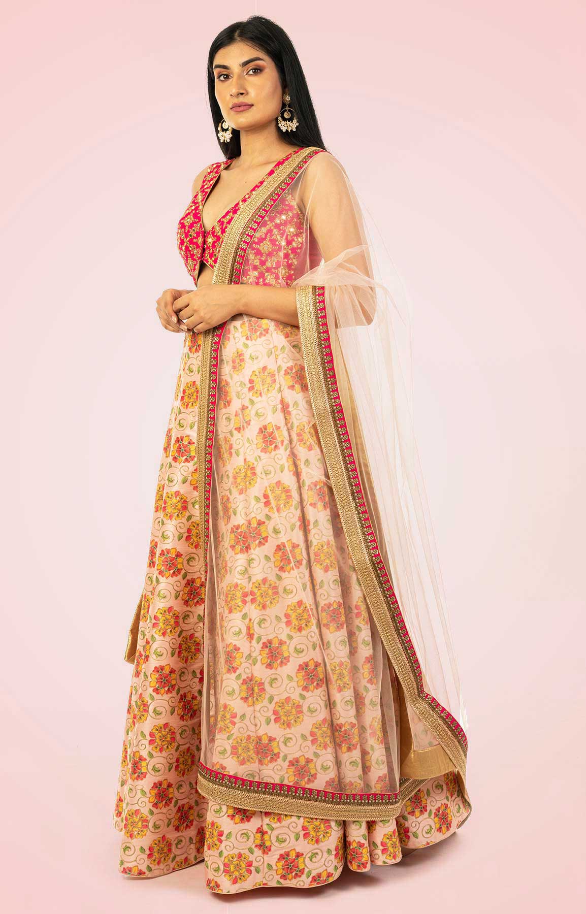 Floral Print Pink Lehenga With Mirror Work Blouse And Beige Colour Dupatta – Viraaya By Ushnakmals