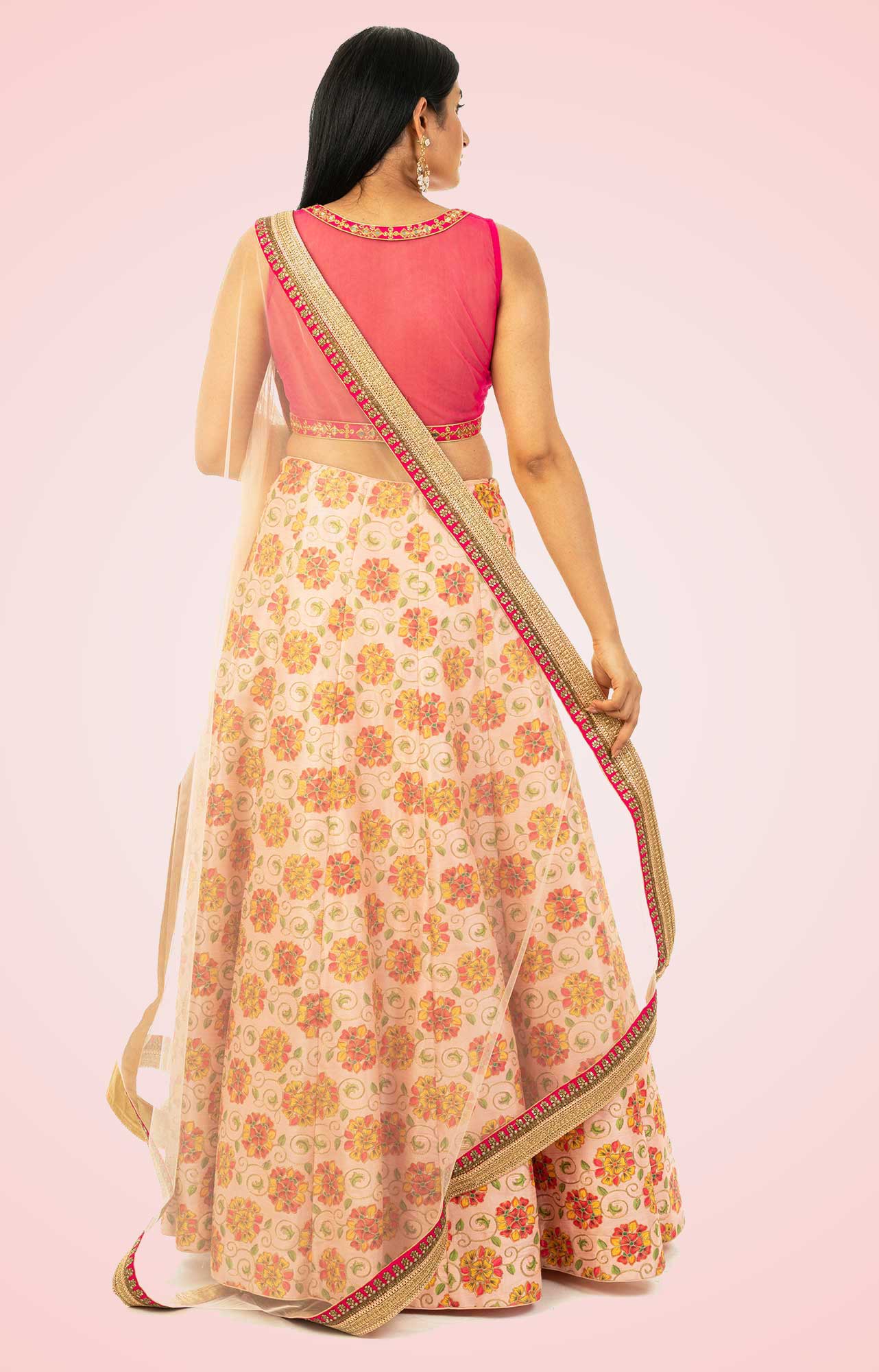 Floral Print Pink Lehenga With Mirror Work Blouse And Beige Colour Dupatta – Viraaya By Ushnakmals