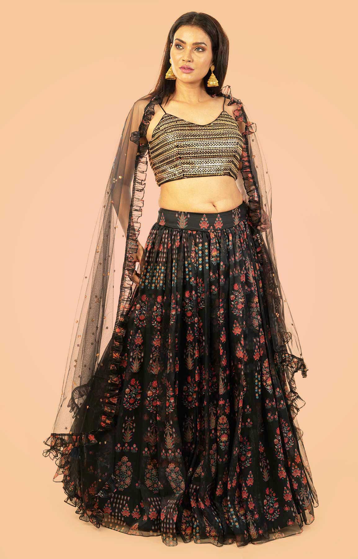 Black Floral Print Skirt With Sequin Top And Frilled Dupatta – Viraaya By Ushnakmals