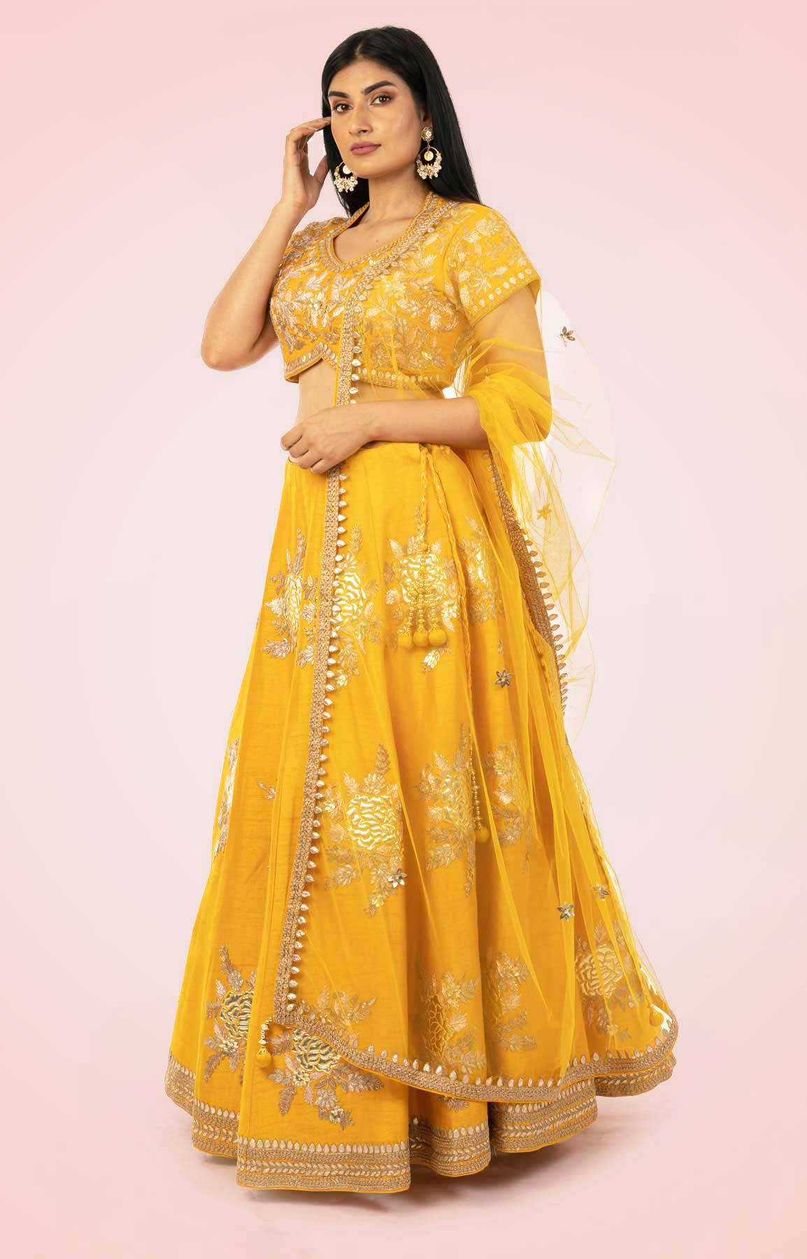 Yellow Raw Silk Lehenga Choli Set With Net Dupatta – Viraaya By Ushnakmals