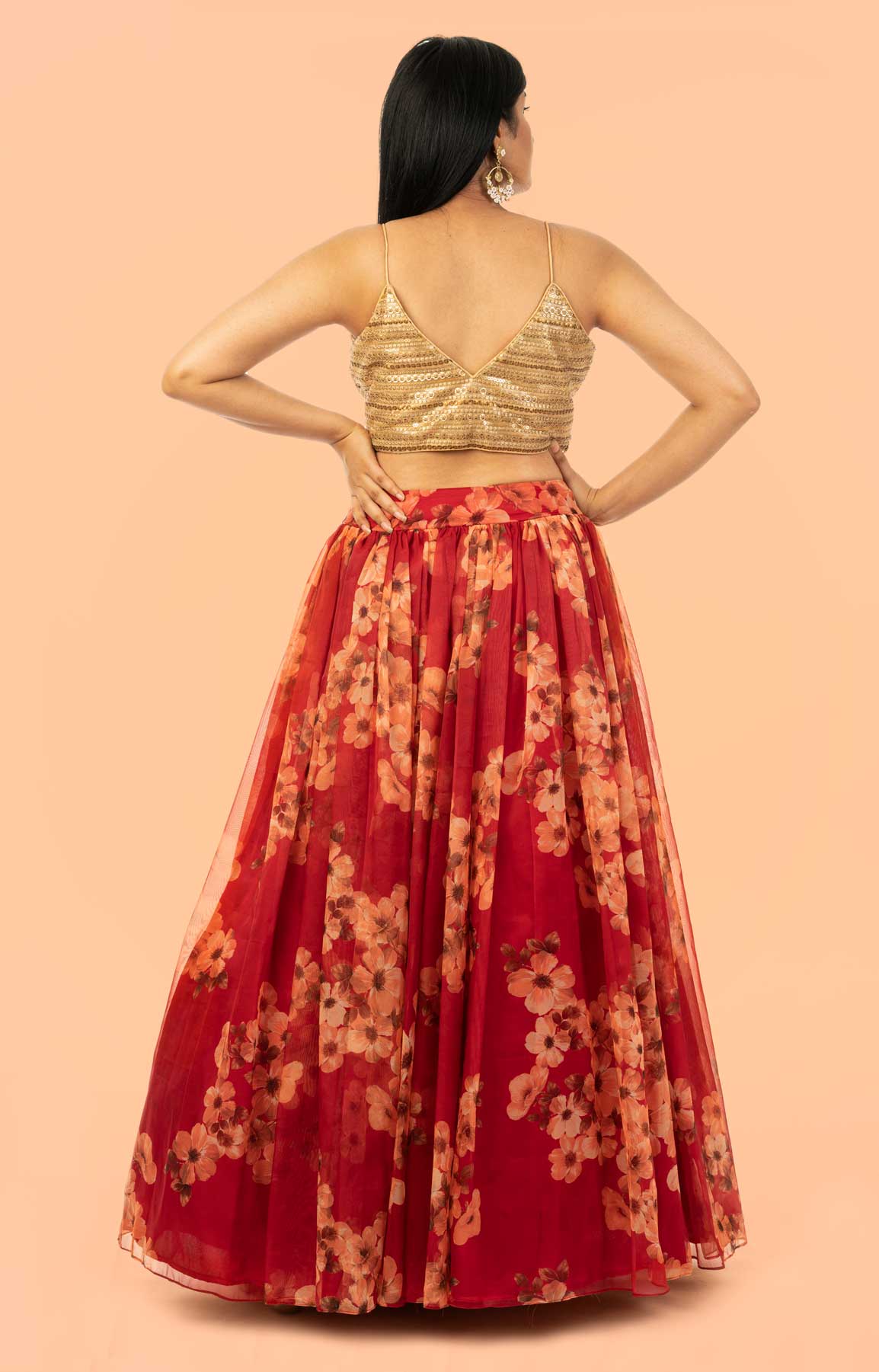 Poppy Red Lehenga In Mustard Floral Motif Print Matched With Golden Embroidered Blouse – Viraaya By Ushnakmals