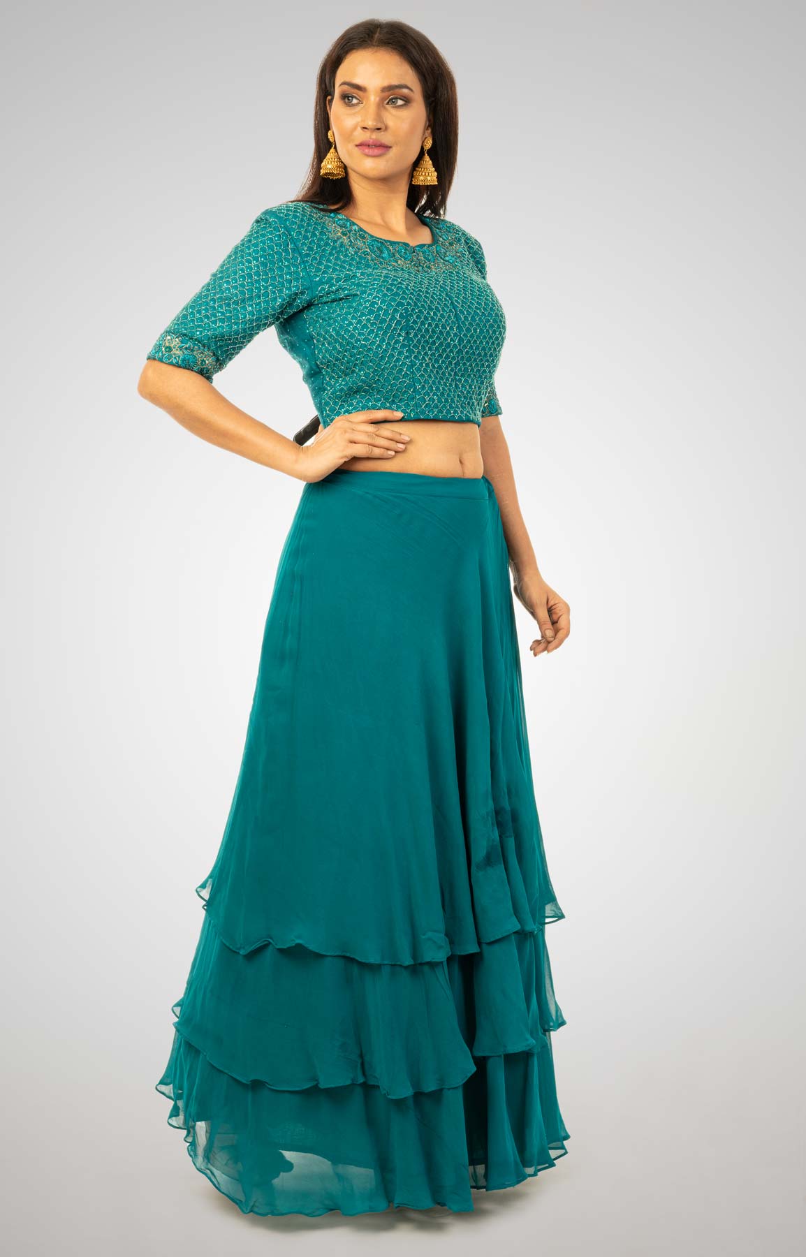 Peacock Tiered Georgette Skirt Matched With Cut Dana Embroidered Crop Top – Viraaya By Ushnakmals