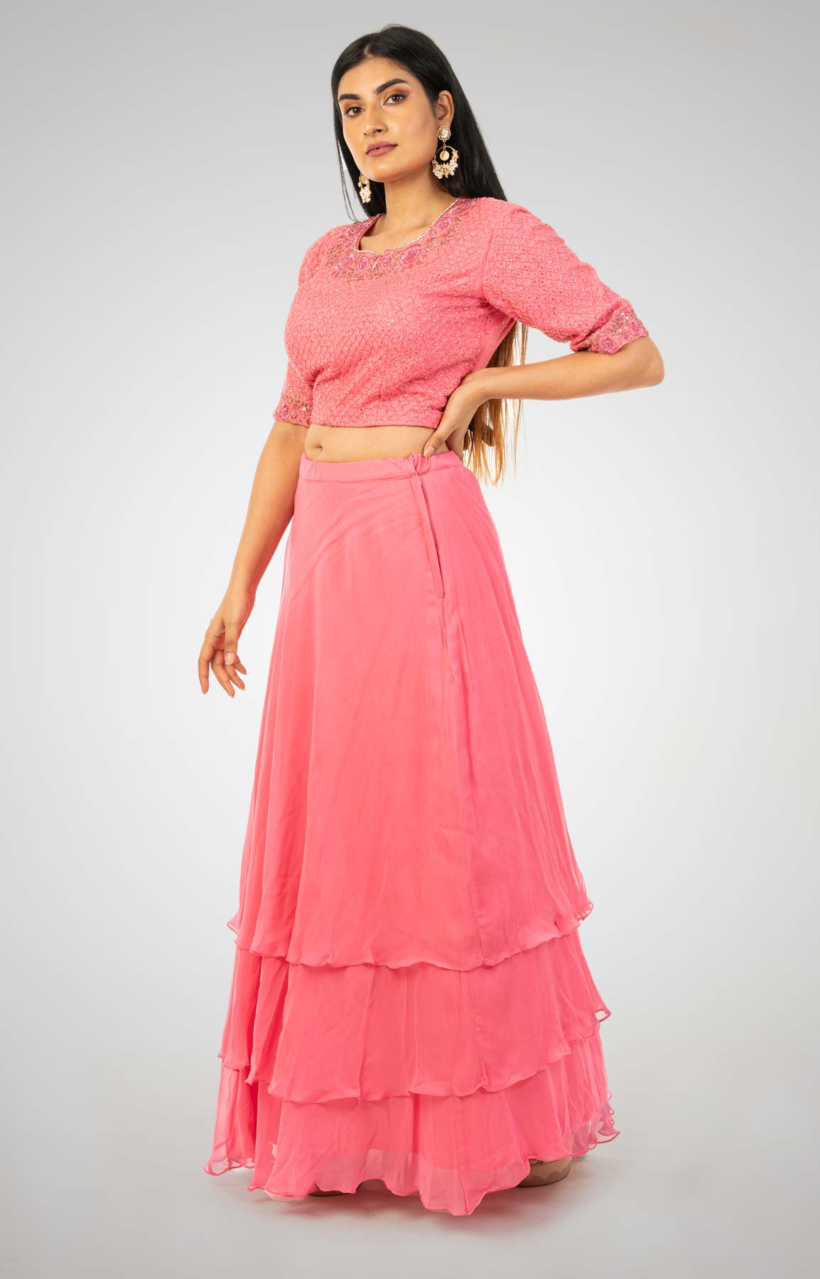 Hot Pink Tiered Georgette Skirt Matched With Cut Dana Embroidered Crop Top – Viraaya By Ushnakmals