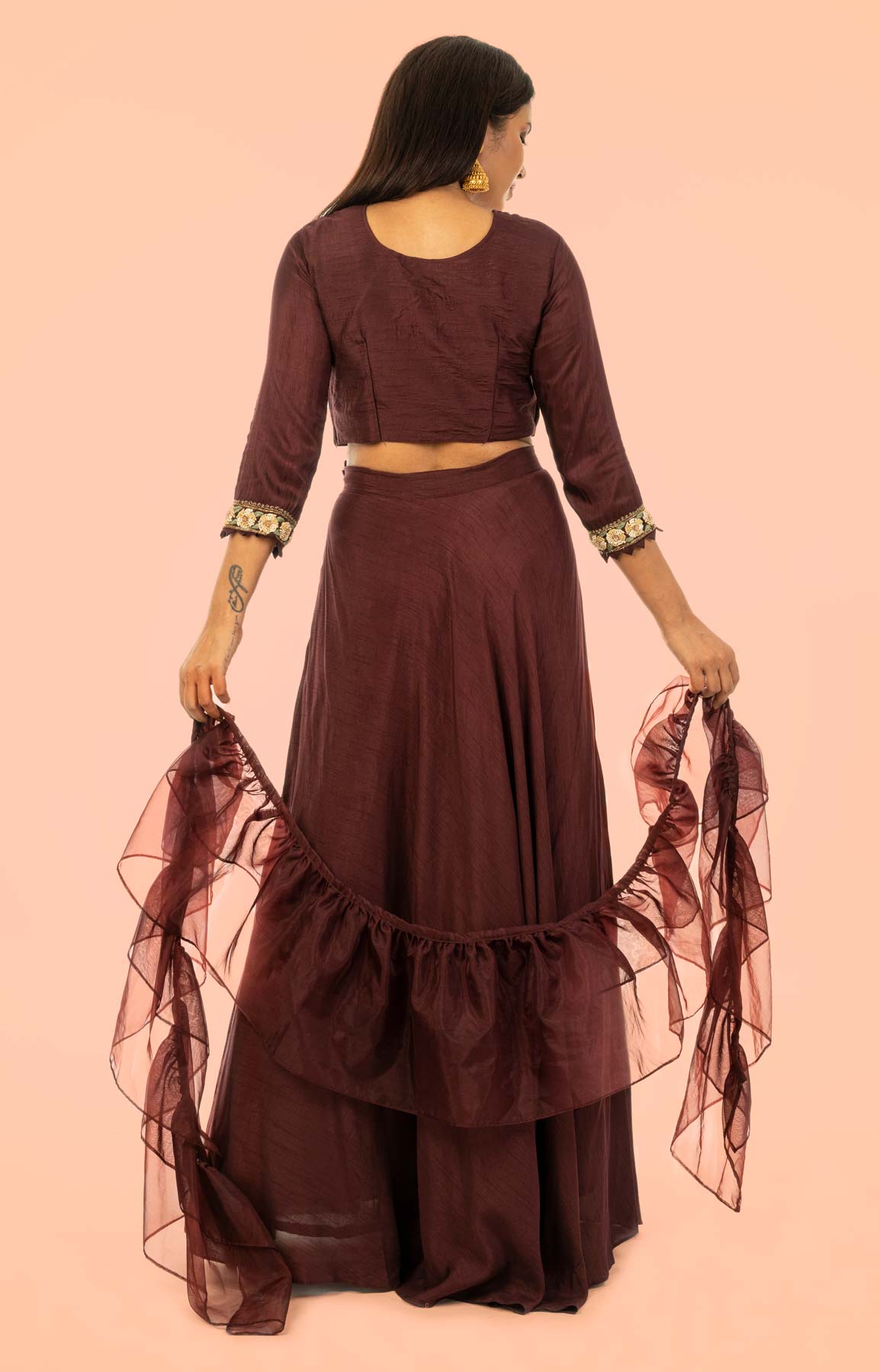 Chocolate Raw Silk Skirt And Top Teamed With Organza Dupatta – Viraaya By Ushnakmals