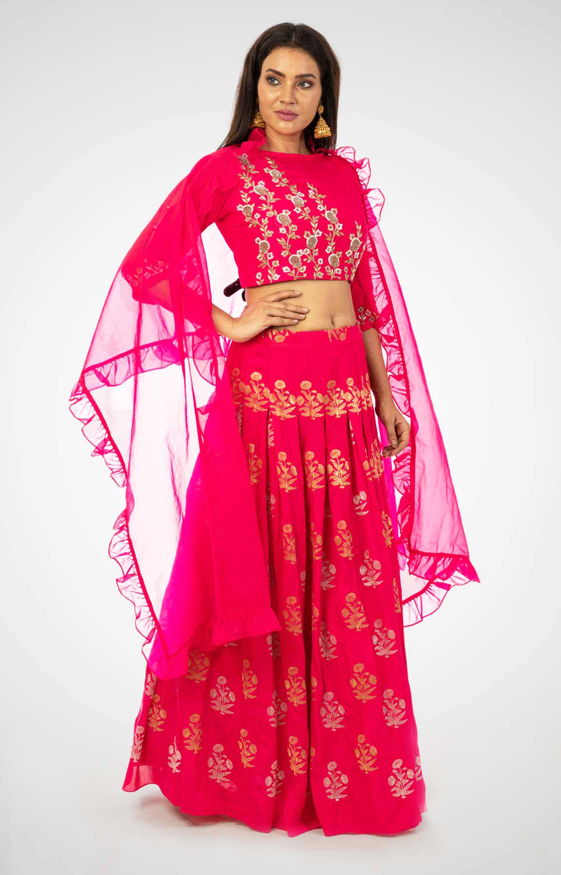 Rani Pink Dupion Silk Crop Top And Skirt With Zardozi Work – Viraaya By Ushnakmals
