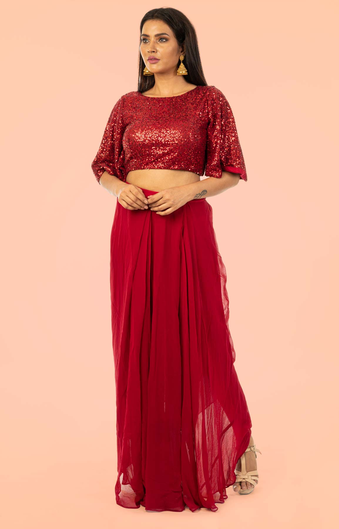 Maroon Crop Top And Skirt Embraced With Bell Shaped Sleeves – Viraaya By Ushnakmals