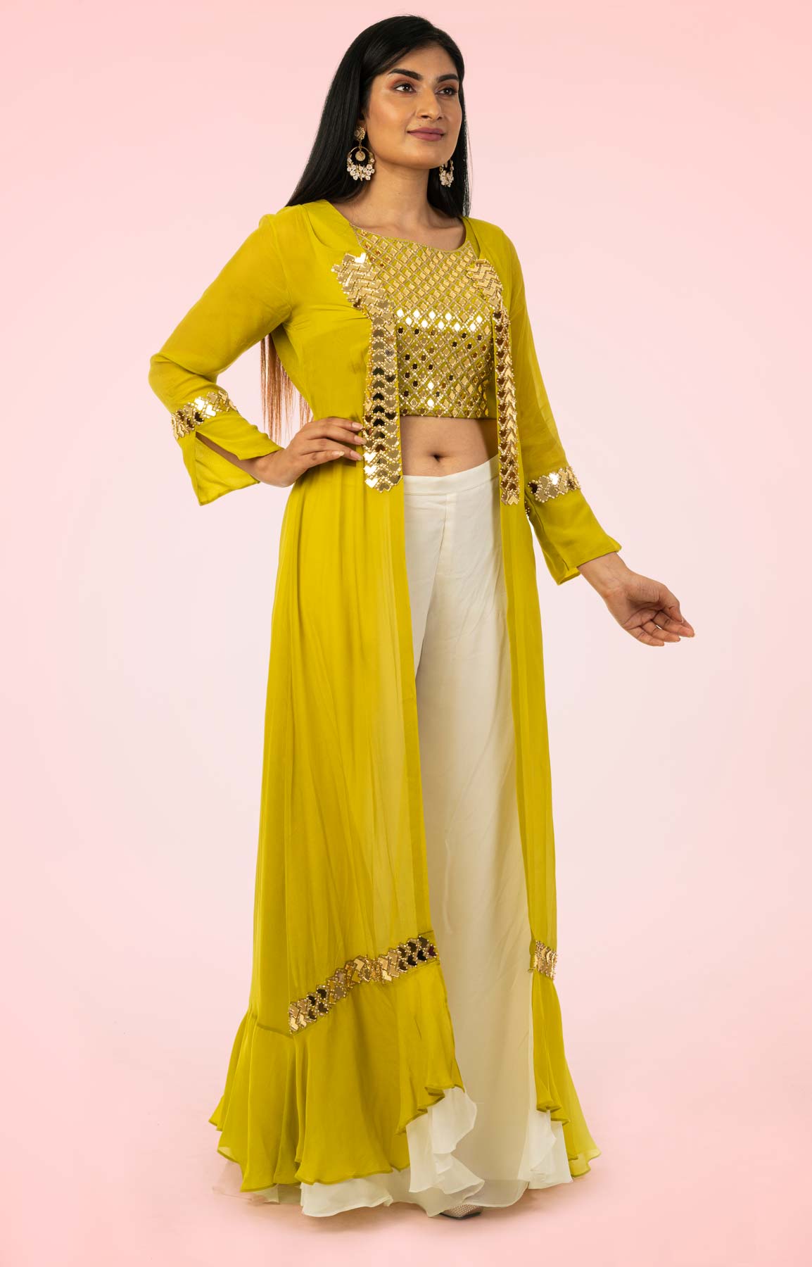 White Crepe Palazzo Suit Teamed With Mirror Work Crop Top And Jacket – Viraaya By Ushnakmals