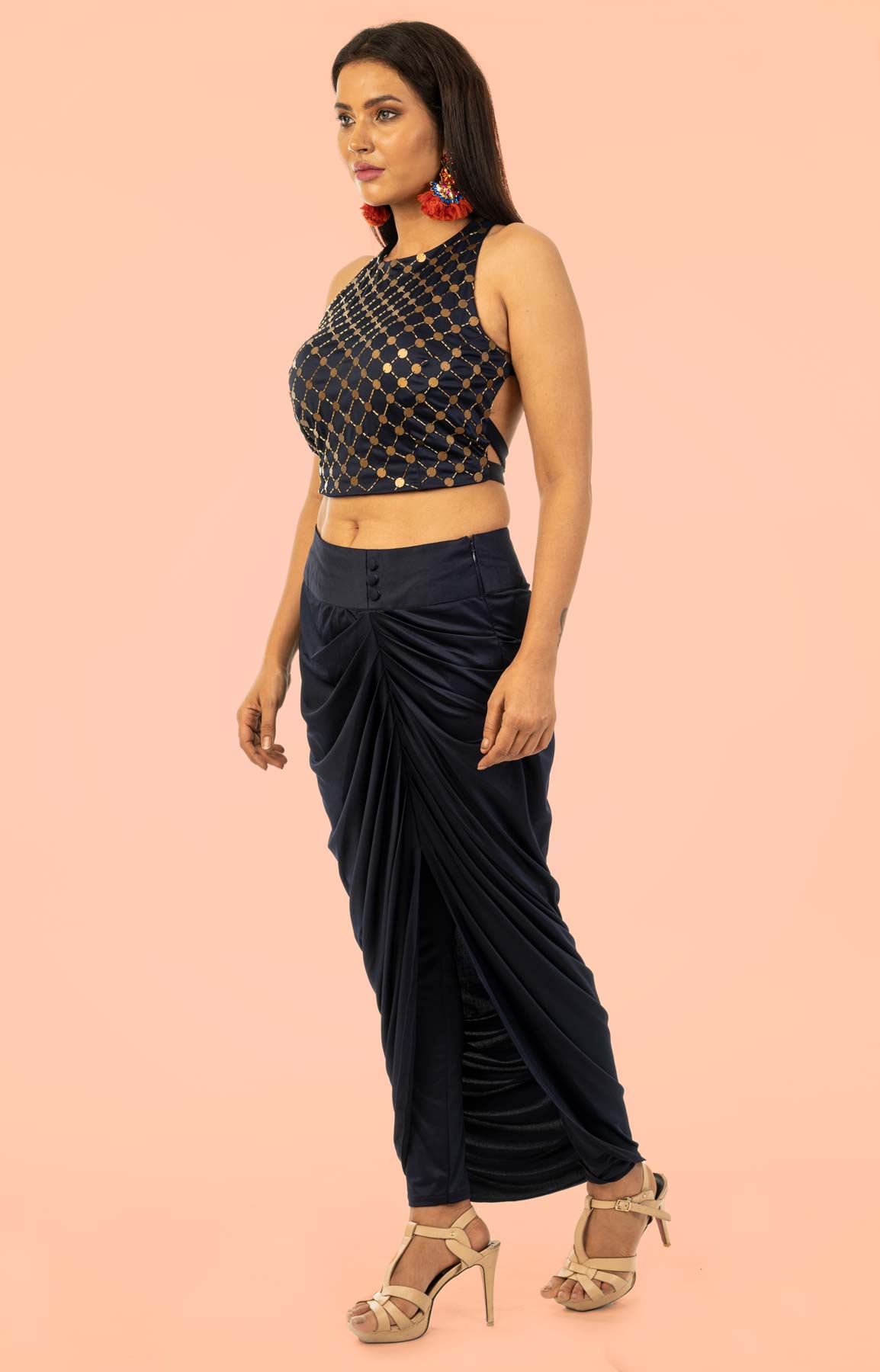 Deep Blue Draped Dhoti Pant Teamed With Sequin Crop Top – Viraaya By Ushnakmals