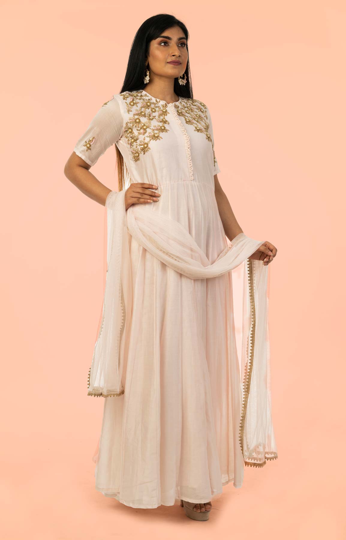 Powder Pink Chanderi Anarkali Dress With Dabka And Sequin Work – Viraaya By Ushnakmals