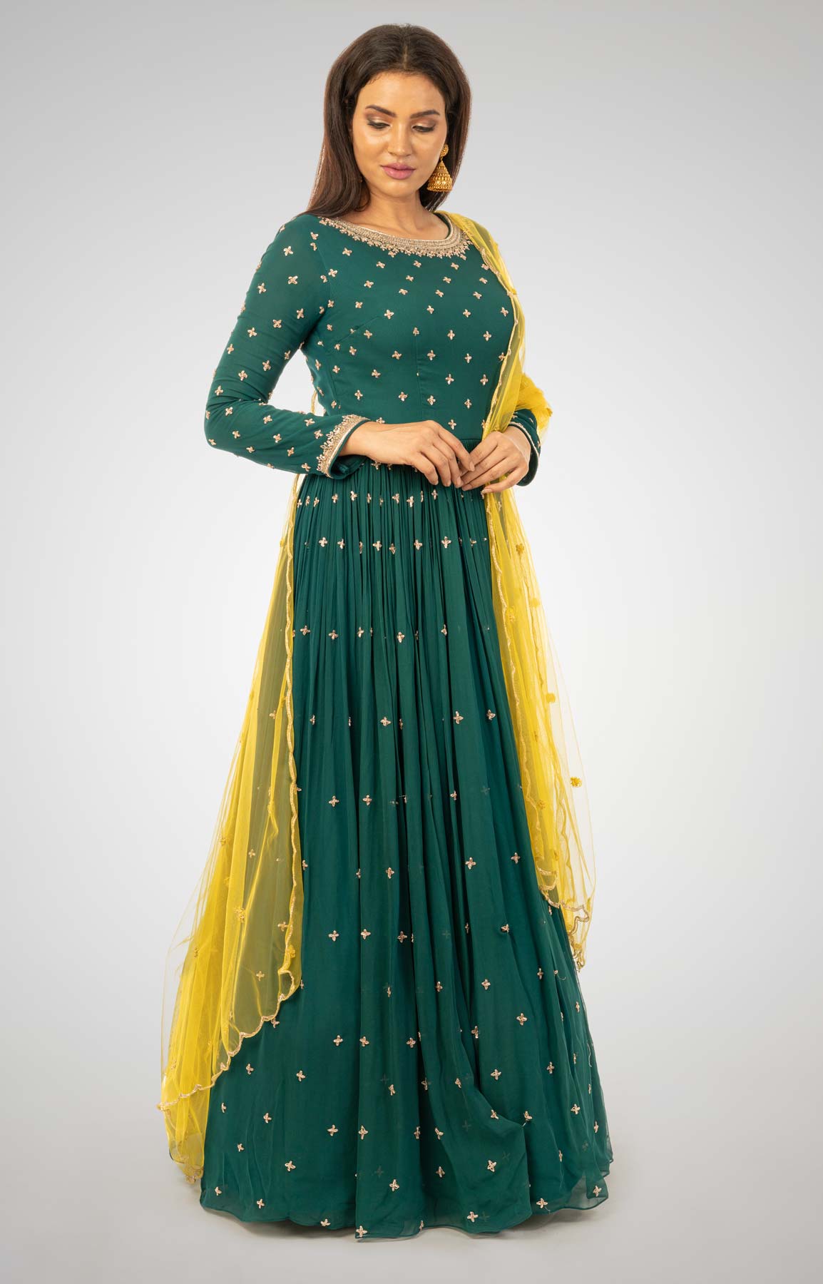 Bottle Green Anarkali Suit With Butti Work Paired With Contrasting Yellow Dupatta – Viraaya By Ushnakmals
