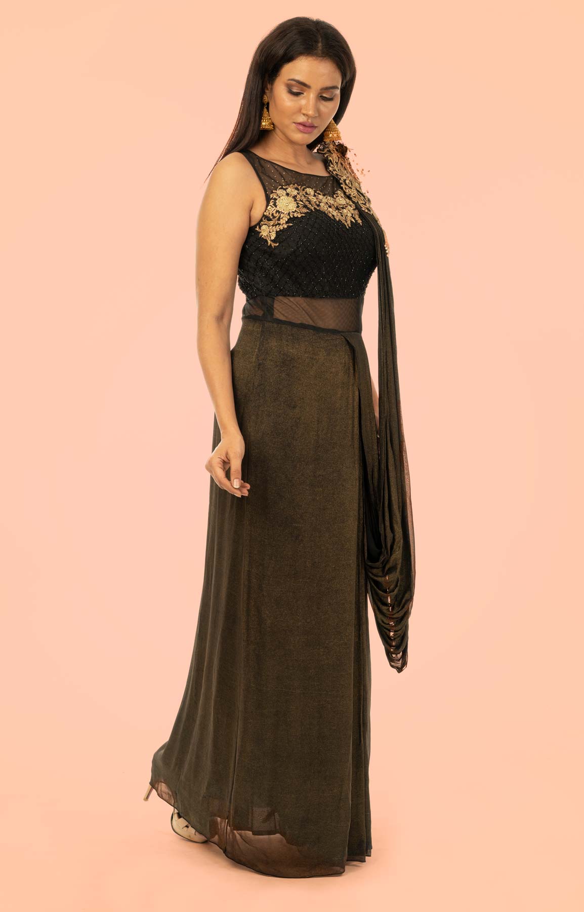 Black And Golden Shimmer Gown With Draped Pallu With Cut Dana And Swarovski Work – Viraaya By Ushnakmals