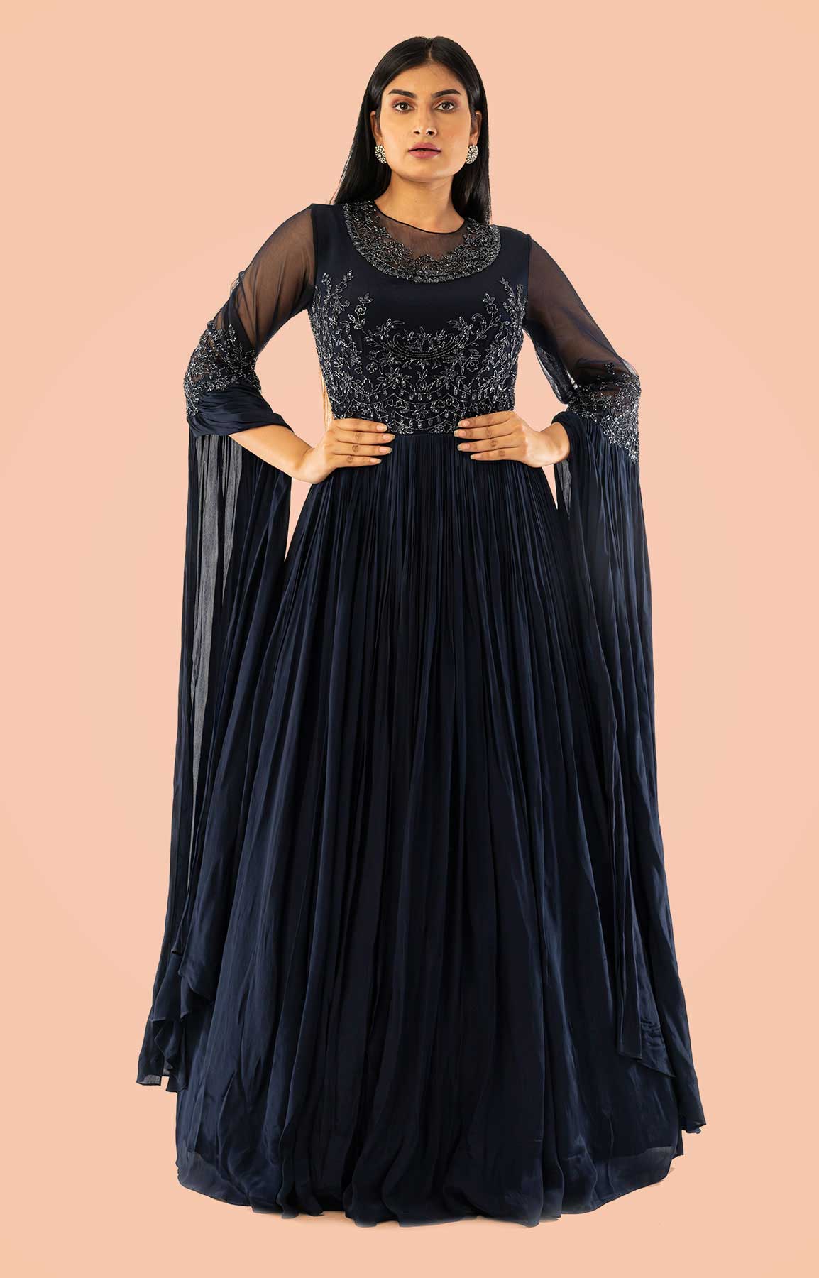 Navy Blue Crepe Gown With Cape Style Sleeve And Embroidered Bodice – Viraaya By Ushnakmals