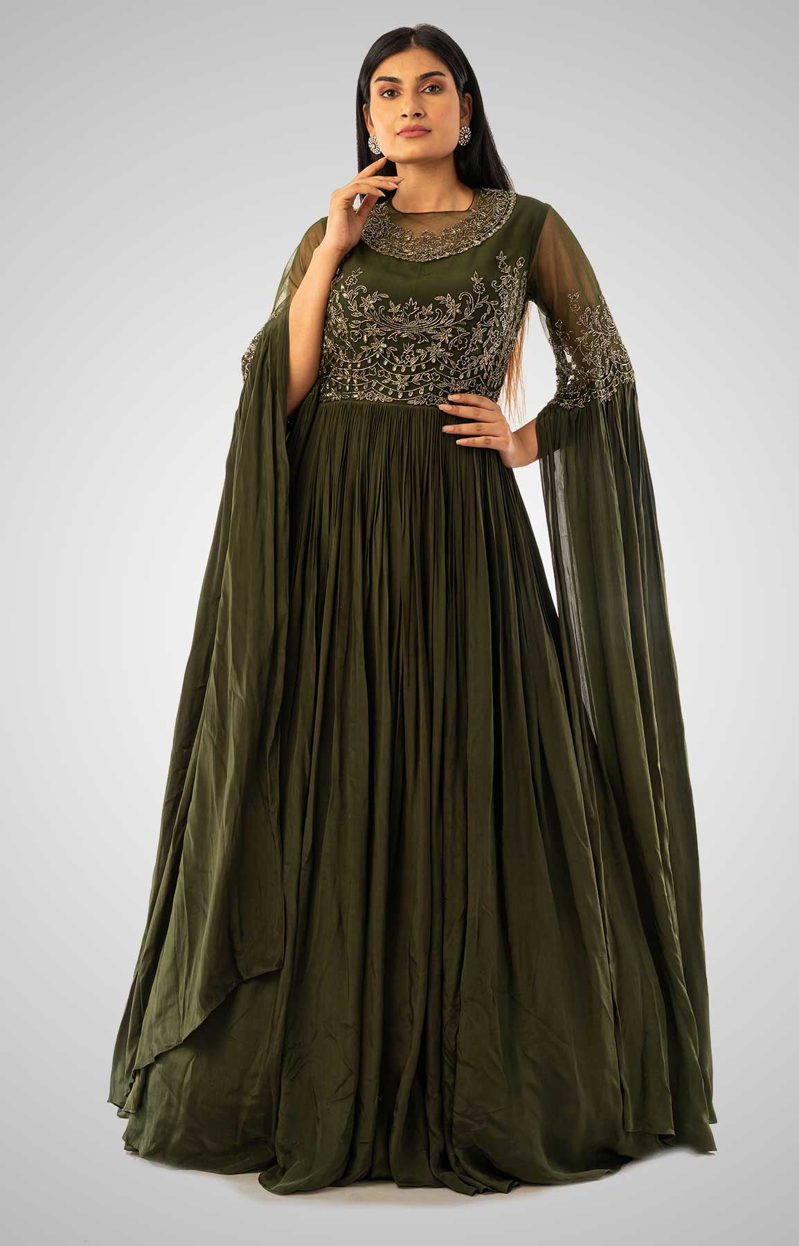 Olive Green Crepe Gown With Cape Style Sleeve And Embroidered Bodice – Viraaya By Ushnakmals