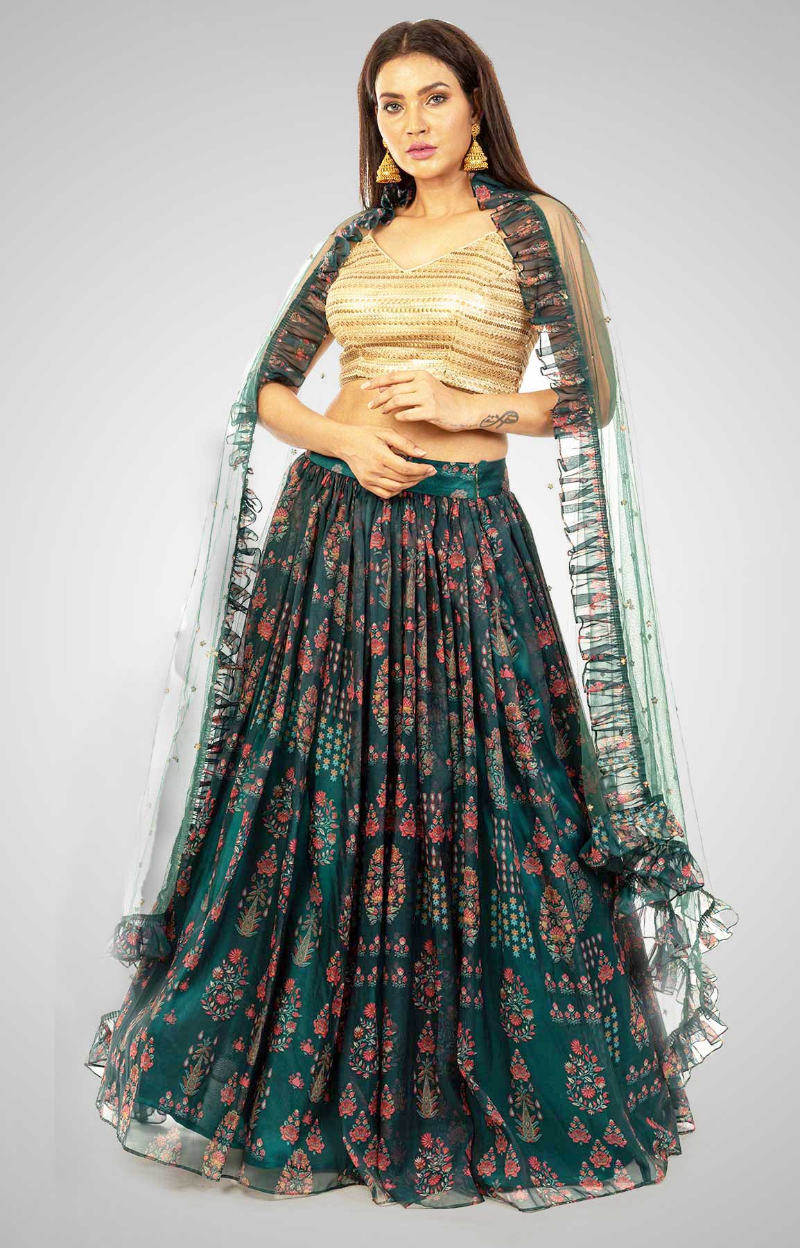 Bottle Green Floral Print Skirt With Sequin Top And Frilled Dupatta – Viraaya By Ushnakmals