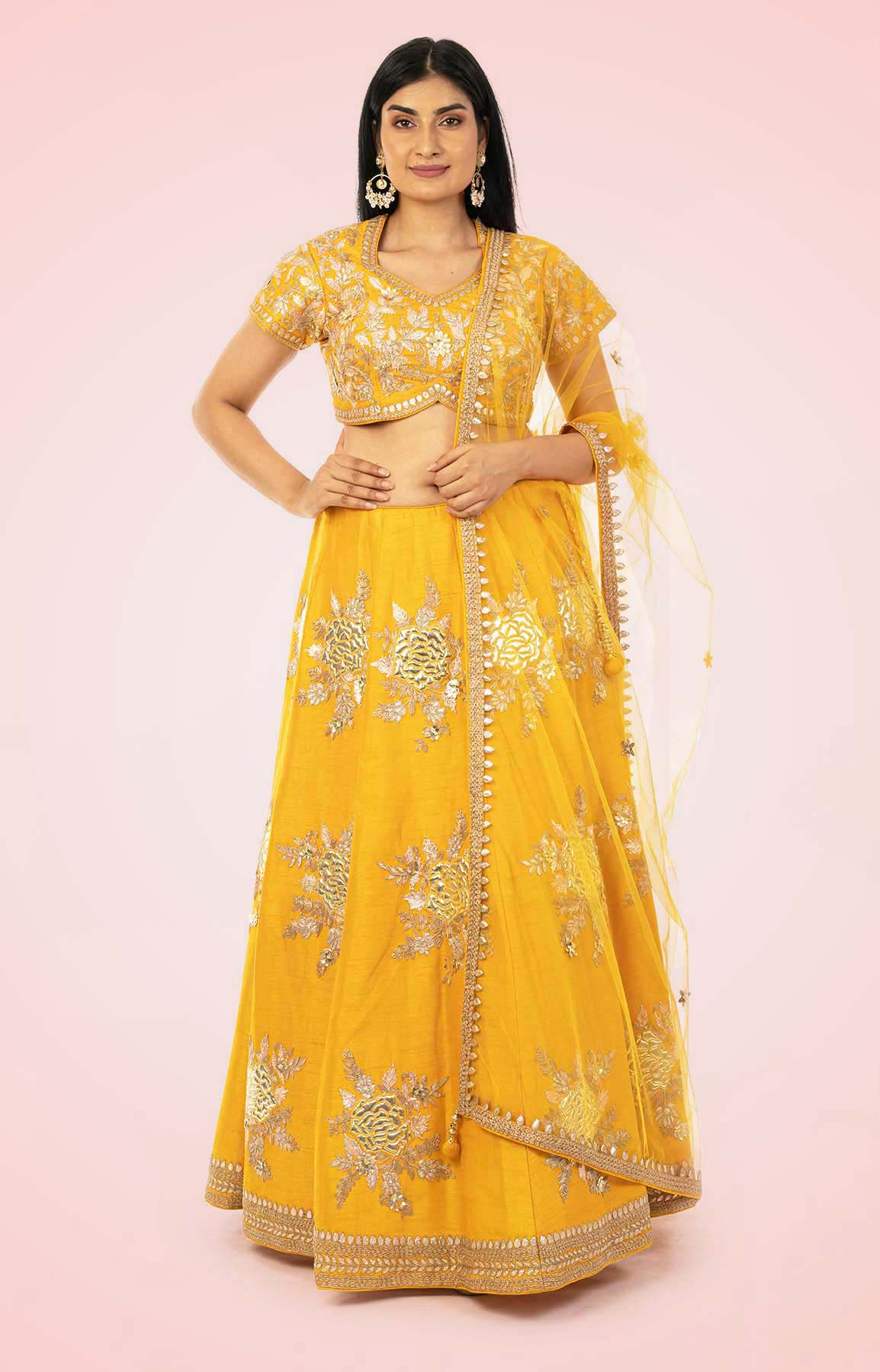 Yellow Raw Silk Lehenga Choli Set With Net Dupatta – Viraaya By Ushnakmals