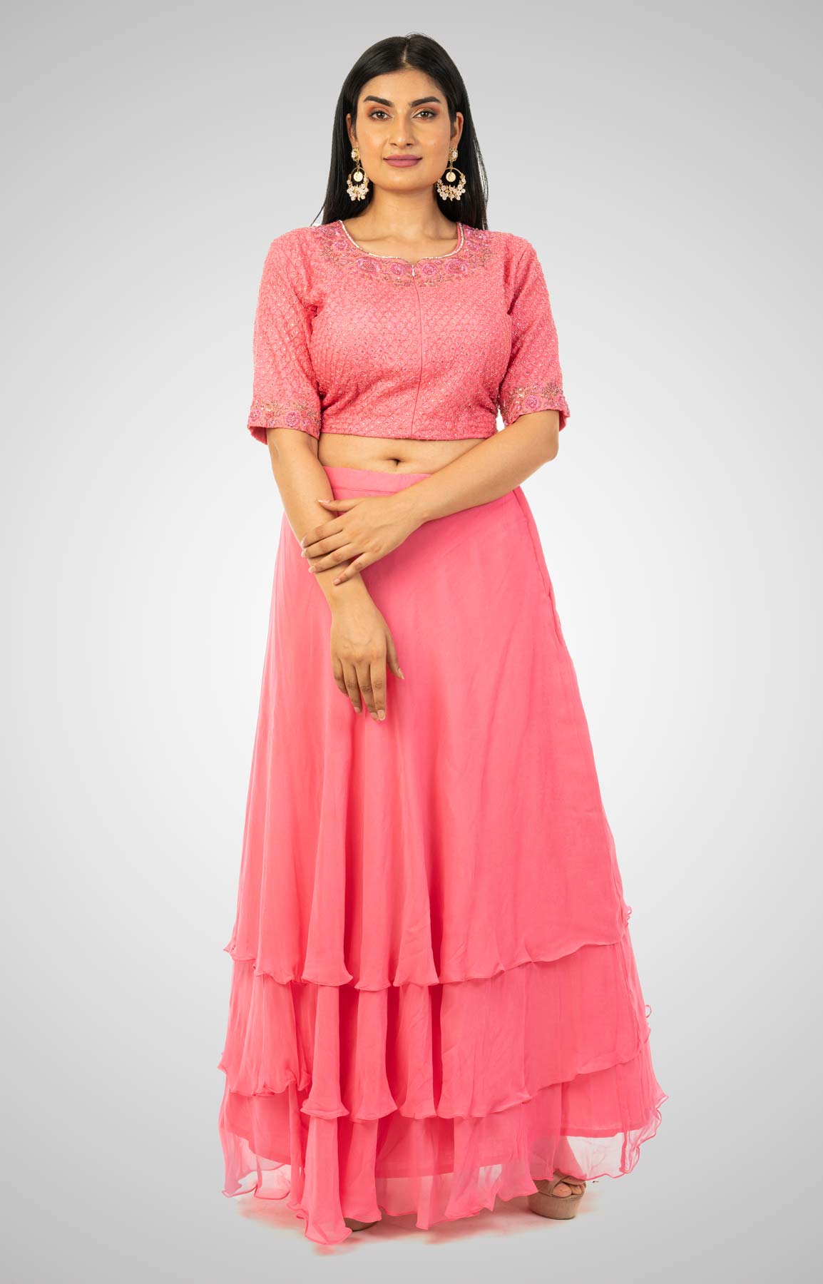 Hot Pink Tiered Georgette Skirt Matched With Cut Dana Embroidered Crop Top – Viraaya By Ushnakmals
