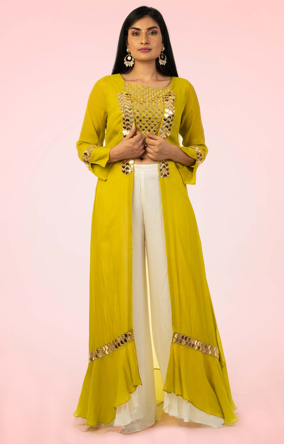 White Crepe Palazzo Suit Teamed With Mirror Work Crop Top And Jacket – Viraaya By Ushnakmals