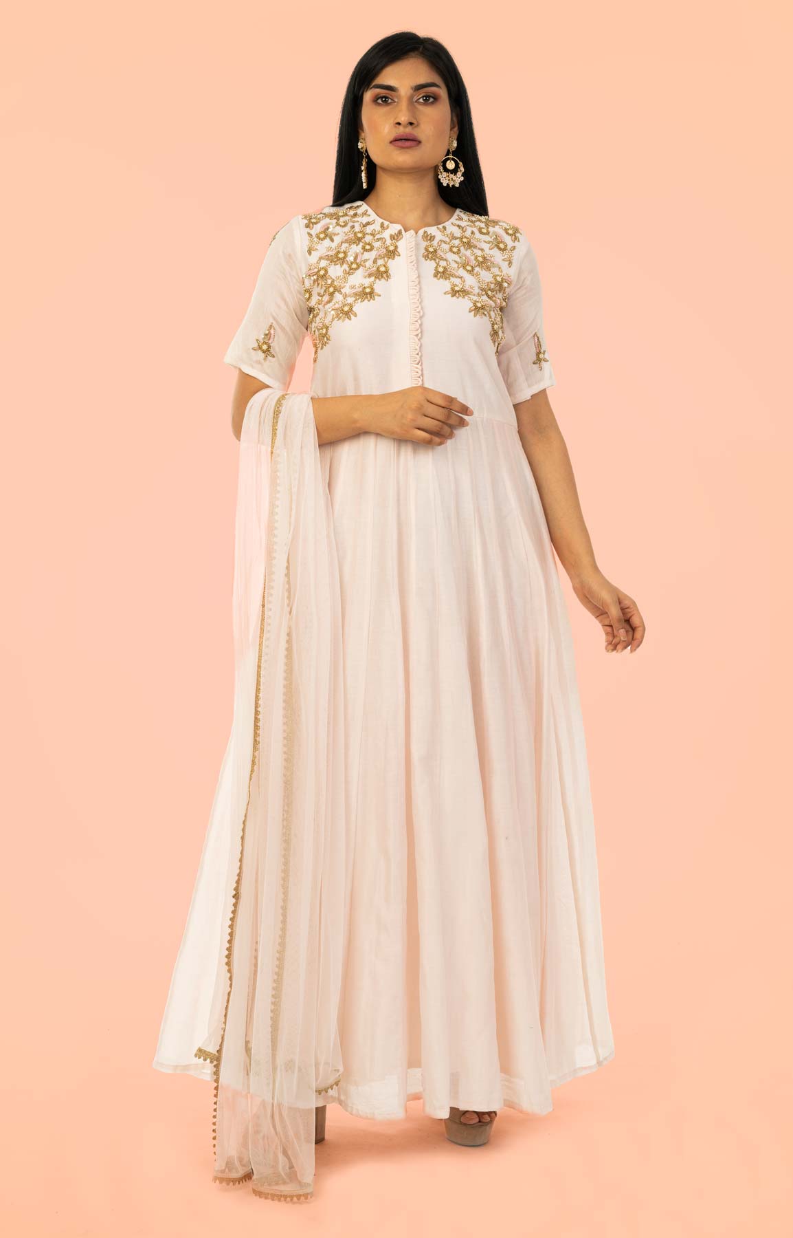 Powder Pink Chanderi Anarkali Dress With Dabka And Sequin Work – Viraaya By Ushnakmals