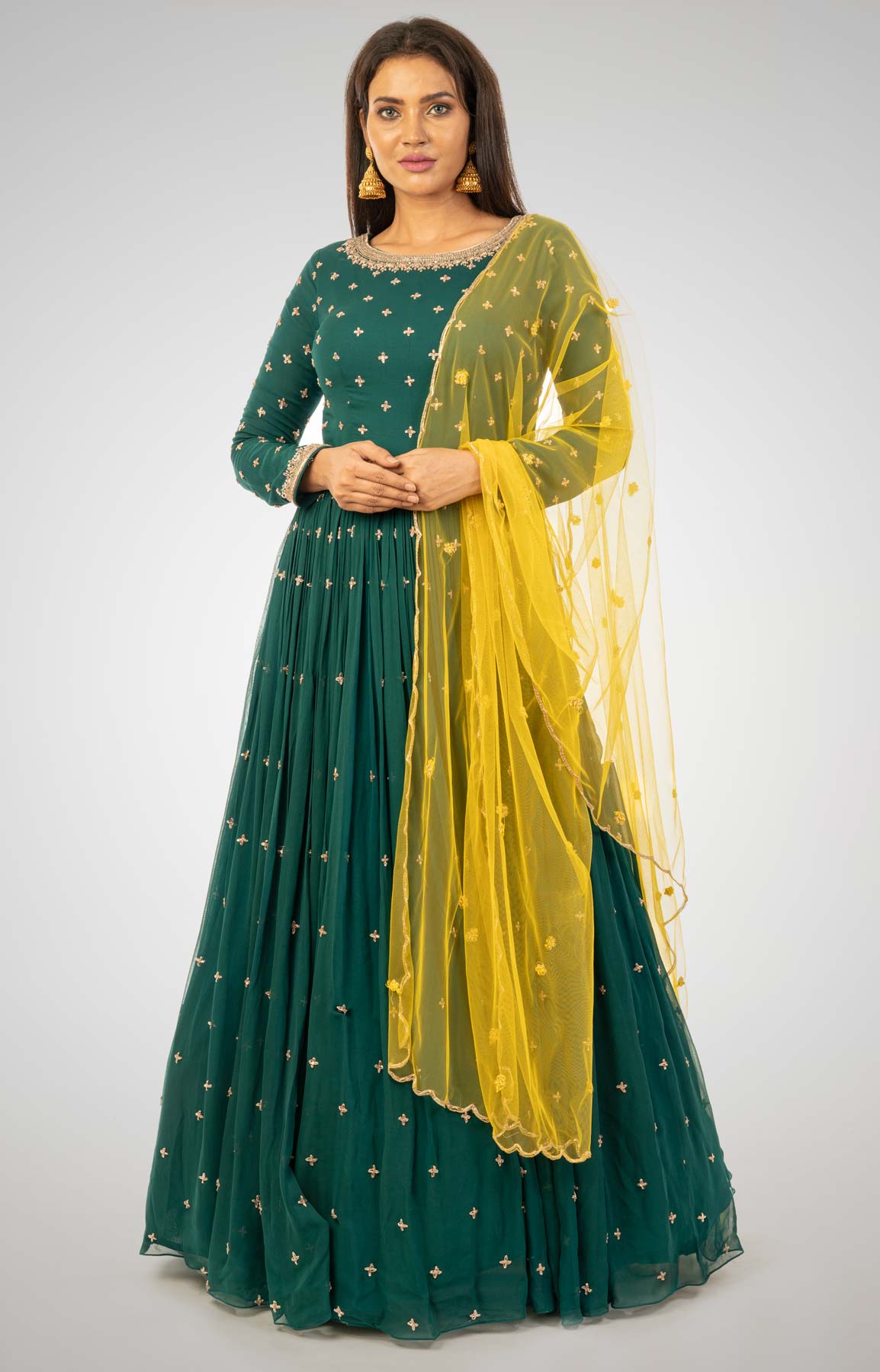 Bottle Green Anarkali Suit With Butti Work Paired With Contrasting Yellow Dupatta – Viraaya By Ushnakmals