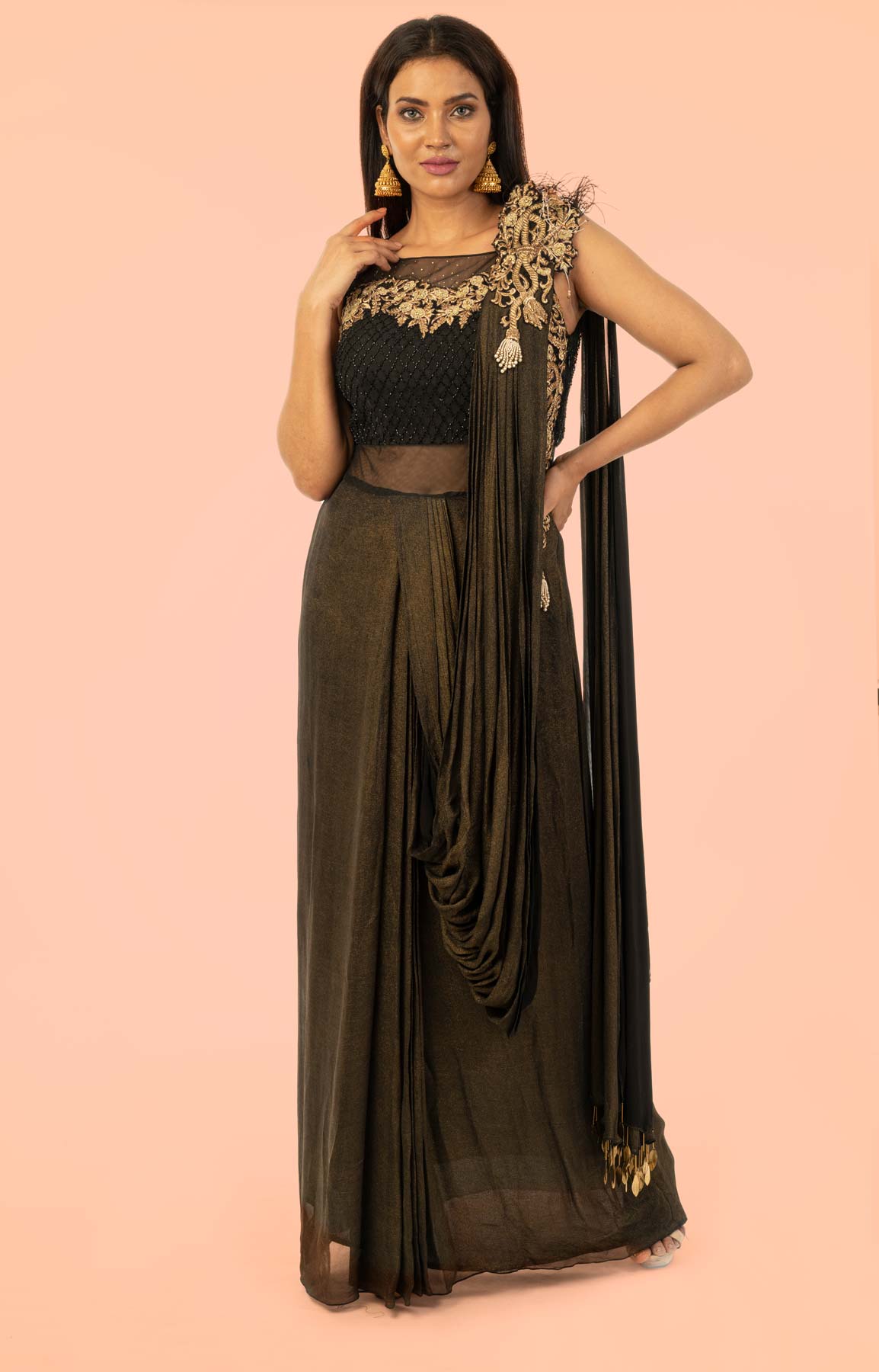 Black And Golden Shimmer Gown With Draped Pallu With Cut Dana And Swarovski Work – Viraaya By Ushnakmals