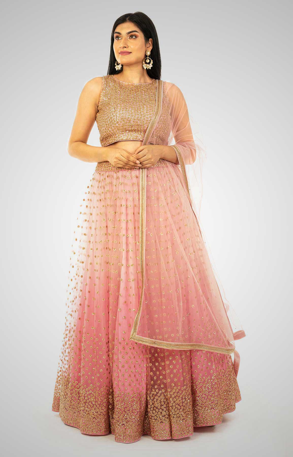 Icing Pink Skirt With Hand Embroidered Blouse And Dual Tone Net Dupatta – Viraaya By Ushnakmals