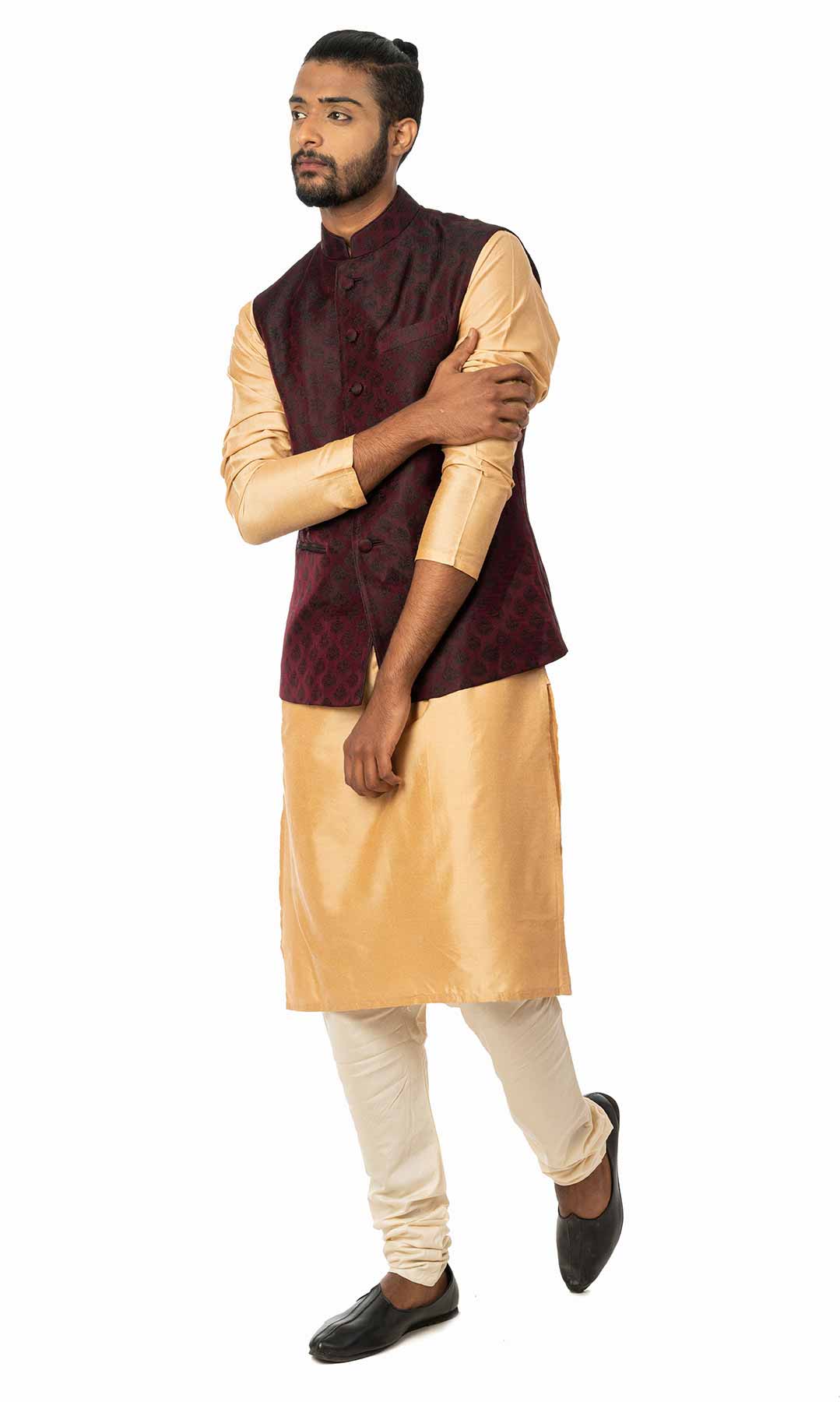 Coral Cotton Silk Kurta Set With Maroon Jacquard Nehru Jacket – Viraaya ...