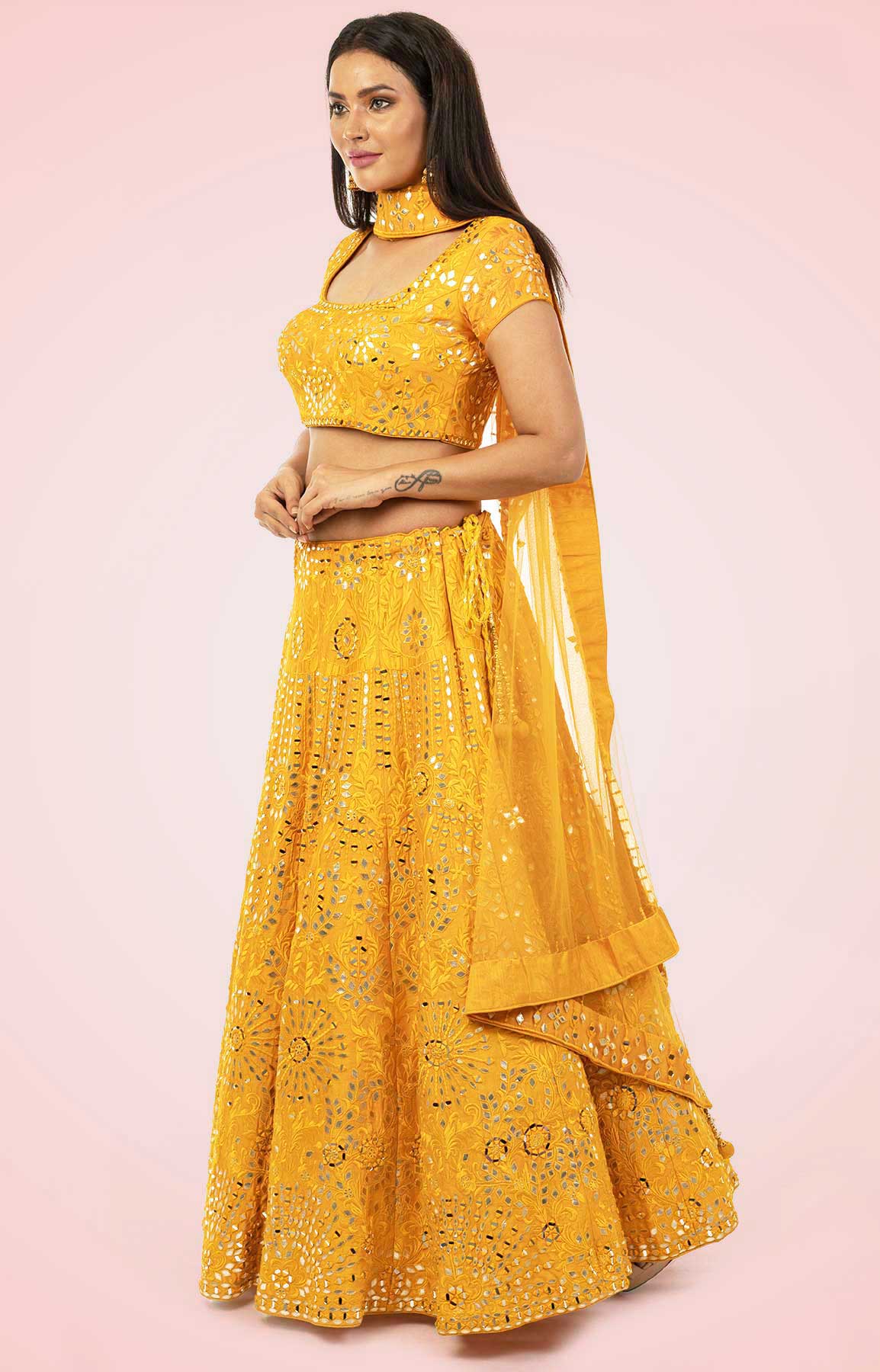 Golden Yellow Lehenga Choli With Leather And Mirror Work – Viraaya By Ushnakmals