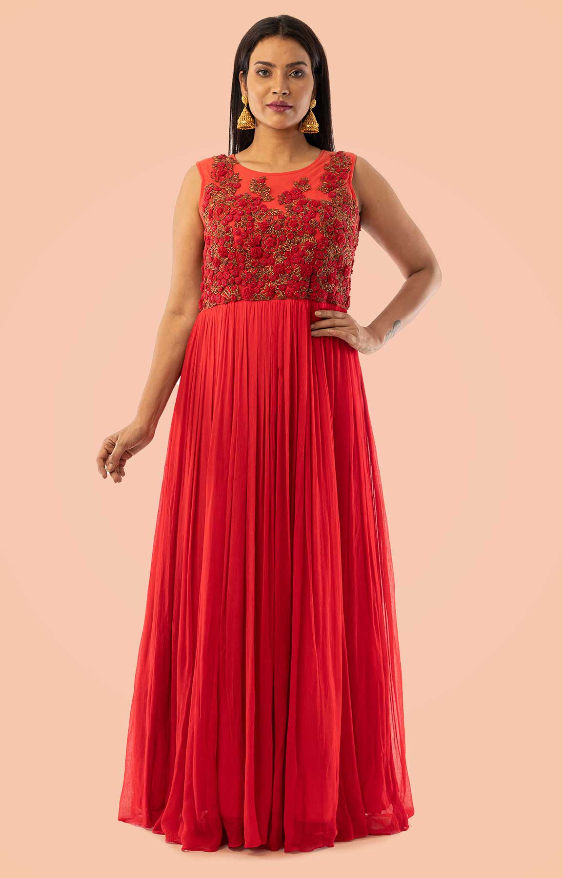 Red Chiffon Anarkali Suit Adorned With Thread And Moti Work – Viraaya ...