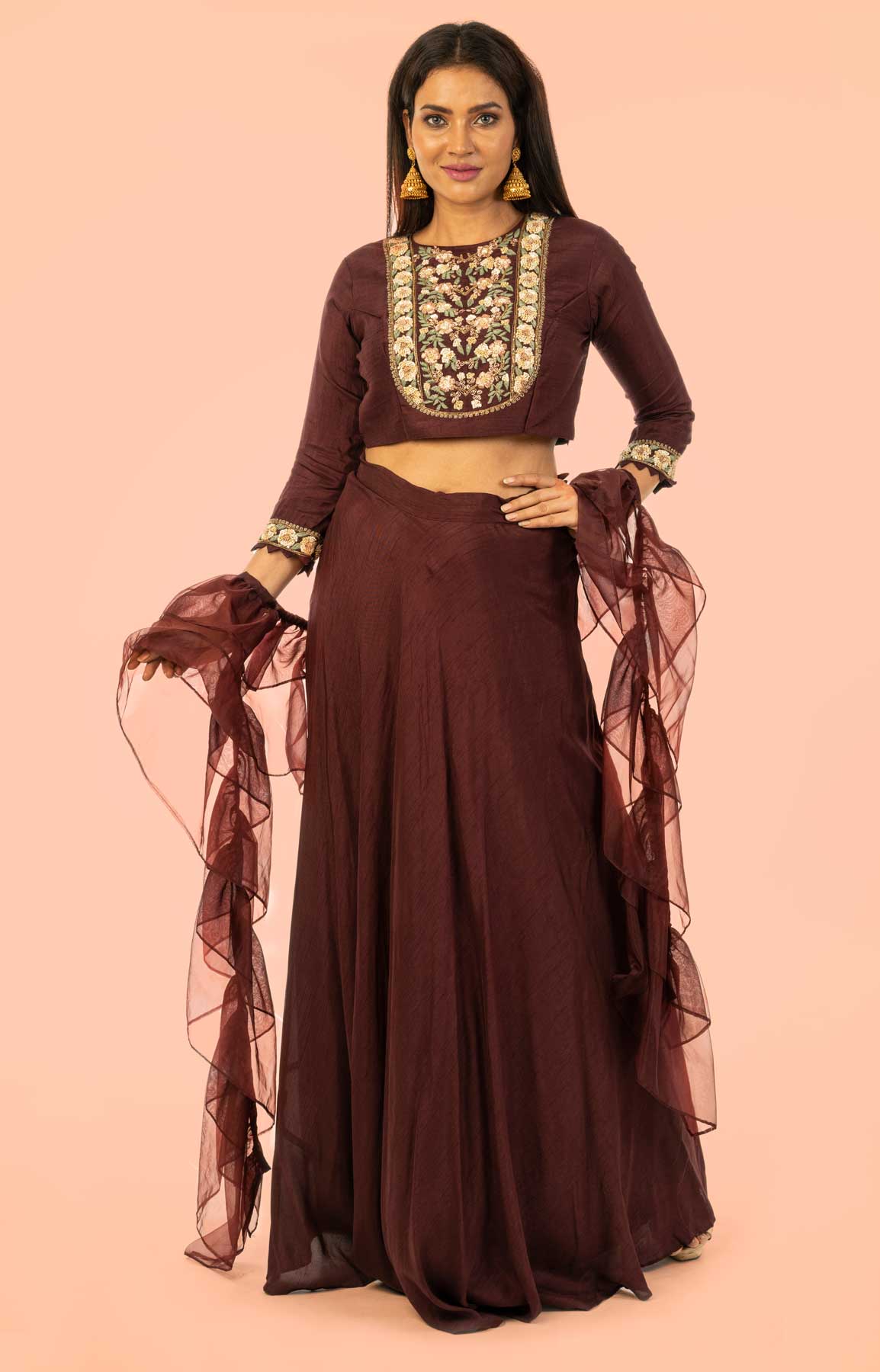 Chocolate Raw Silk Skirt And Top Teamed With Organza Dupatta – Viraaya By Ushnakmals
