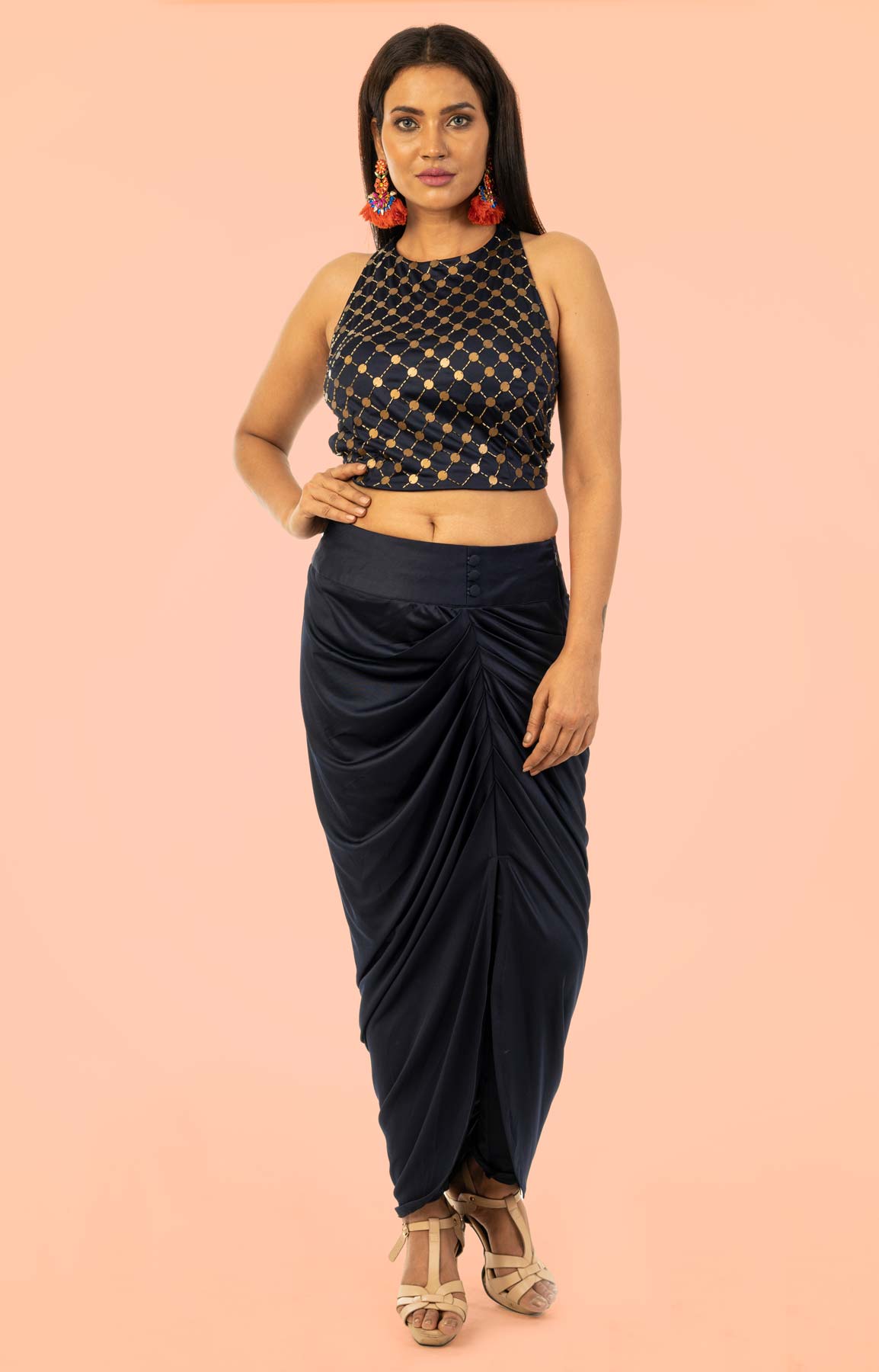 Deep Blue Draped Dhoti Pant Teamed With Sequin Crop Top  Viraaya By  Ushnakmals